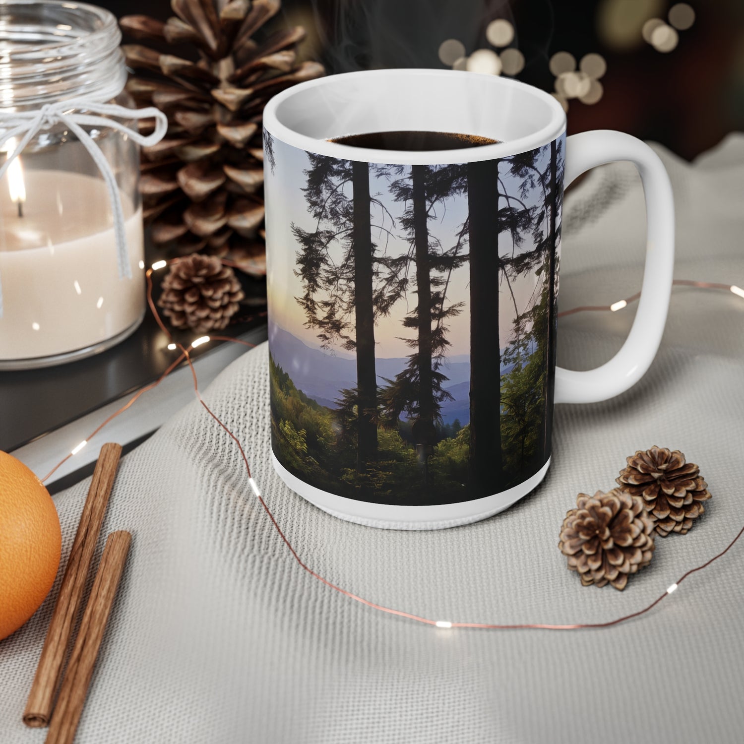 Ceramic White Cup 15oz - Forest Sunset