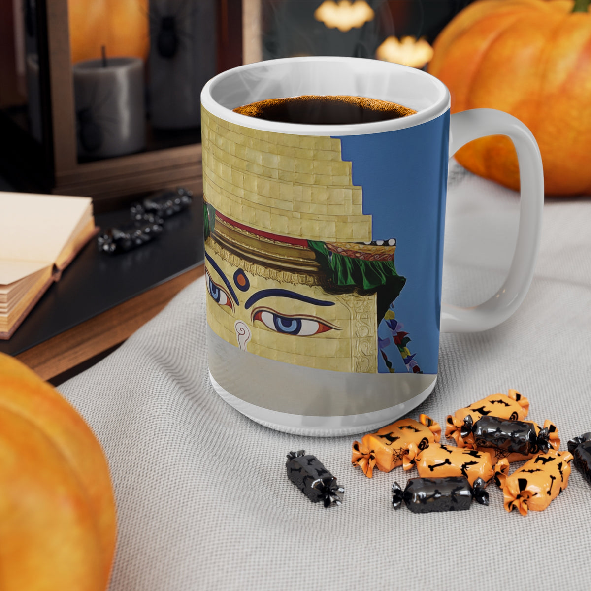 Ceramic White Cup 15oz - Nepal, Stupa with Buddha's Eyes (Variant 2)