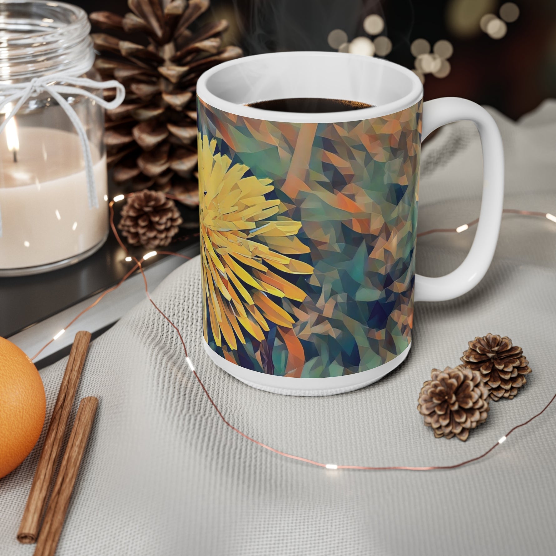 Ceramic White Cup 15oz - Poly Art - Flower of Dandelion (Variant 1)