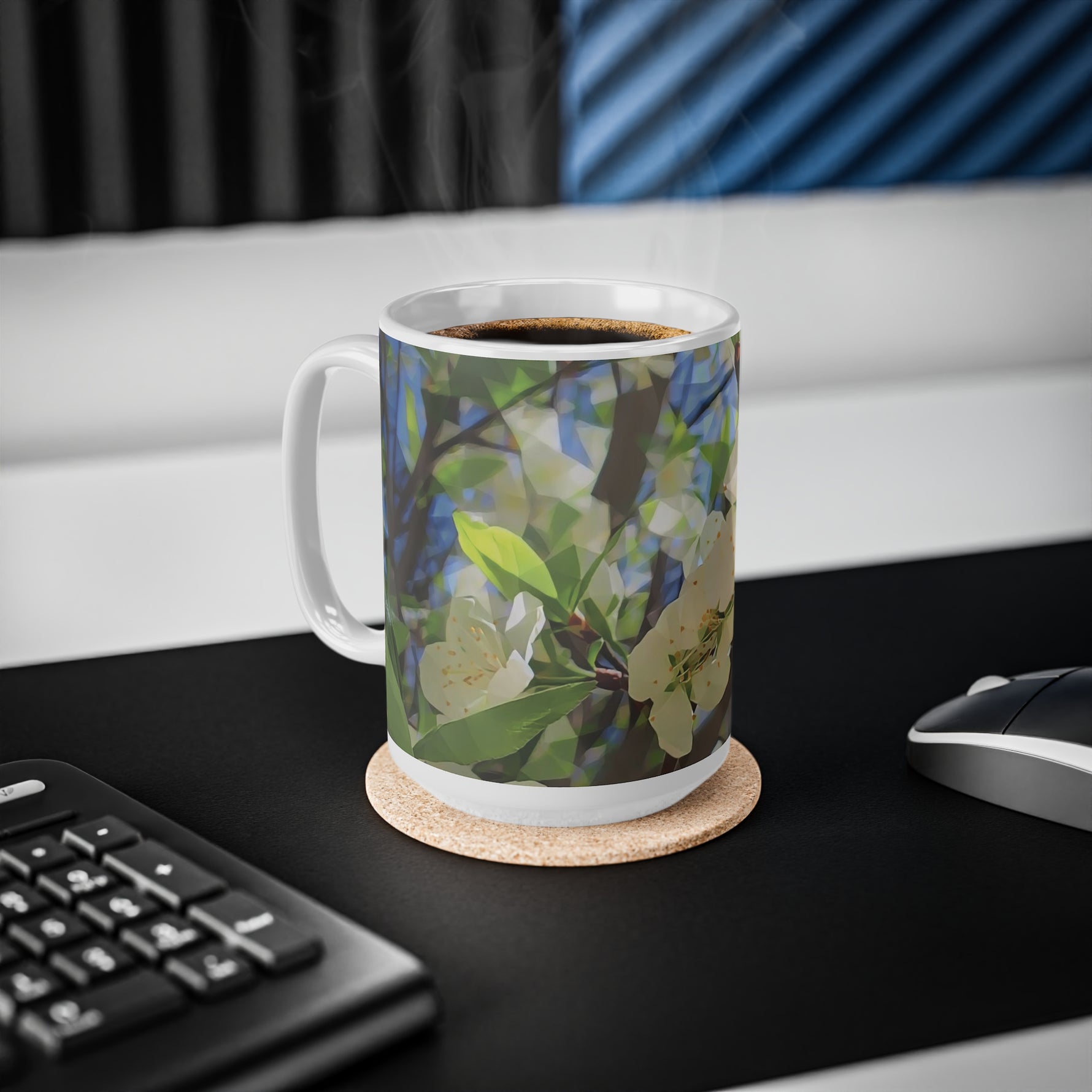 Ceramic White Cup 15oz - Poly Art - Apples' Tree Flower (Variant 1)