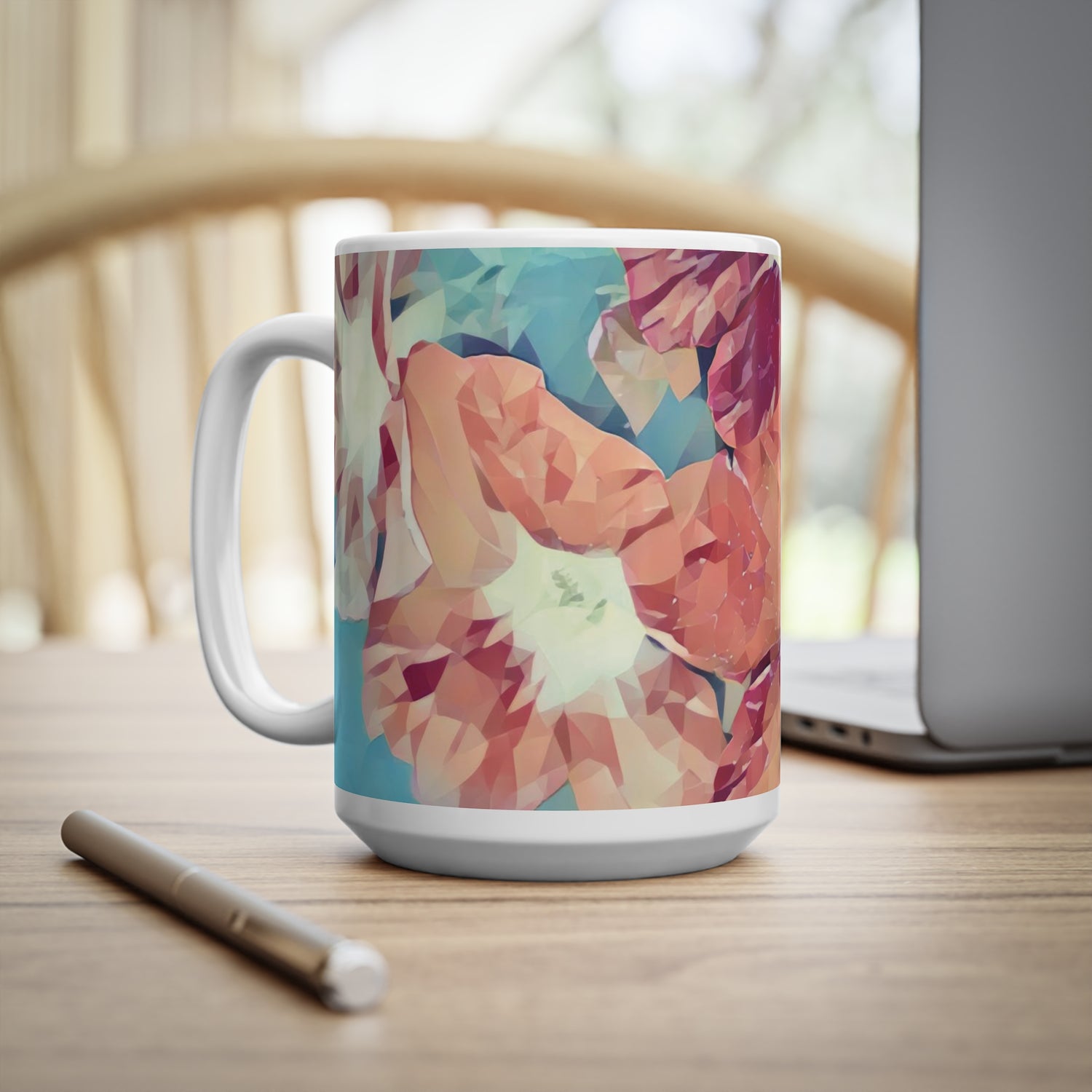 Ceramic White Cup 15oz - Poly Art - Flowers in sky blue and red (Variant 3)