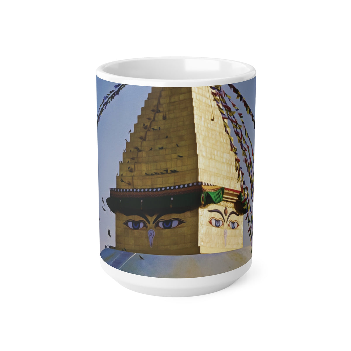 Ceramic White Cup 15oz - Nepal, Stupa with Buddha's Eyes (Variant 6)