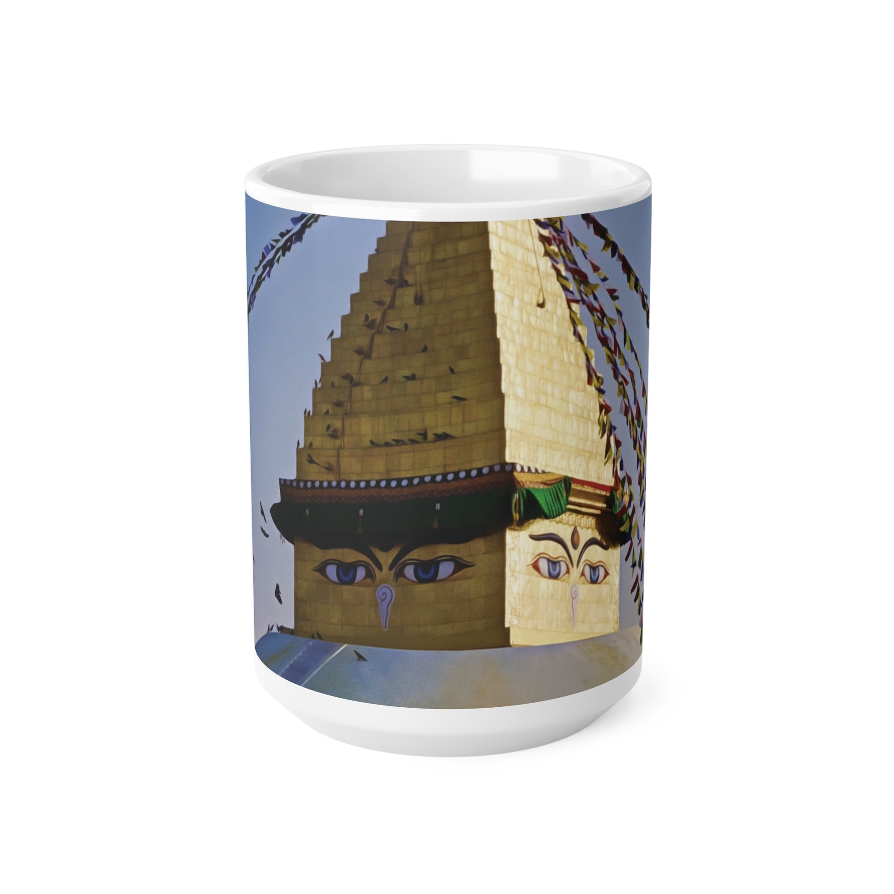 Ceramic White Cup 15oz - Nepal, Stupa with Buddha's Eyes (Variant 6)