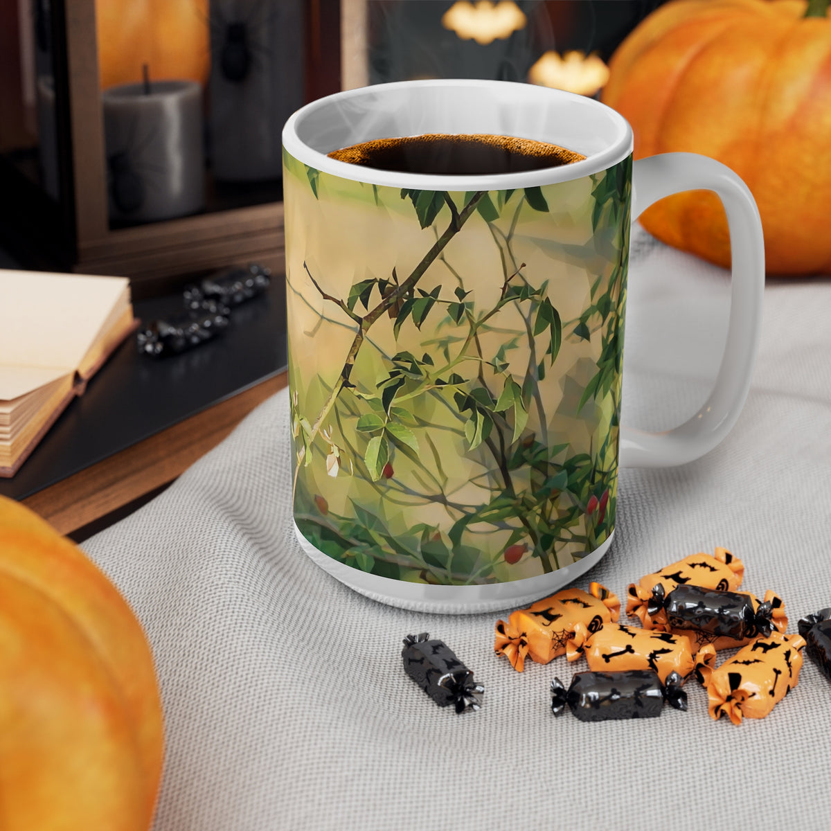 Ceramic White Cup 15oz - Poly Art - Rosehip plant (Variant 1)