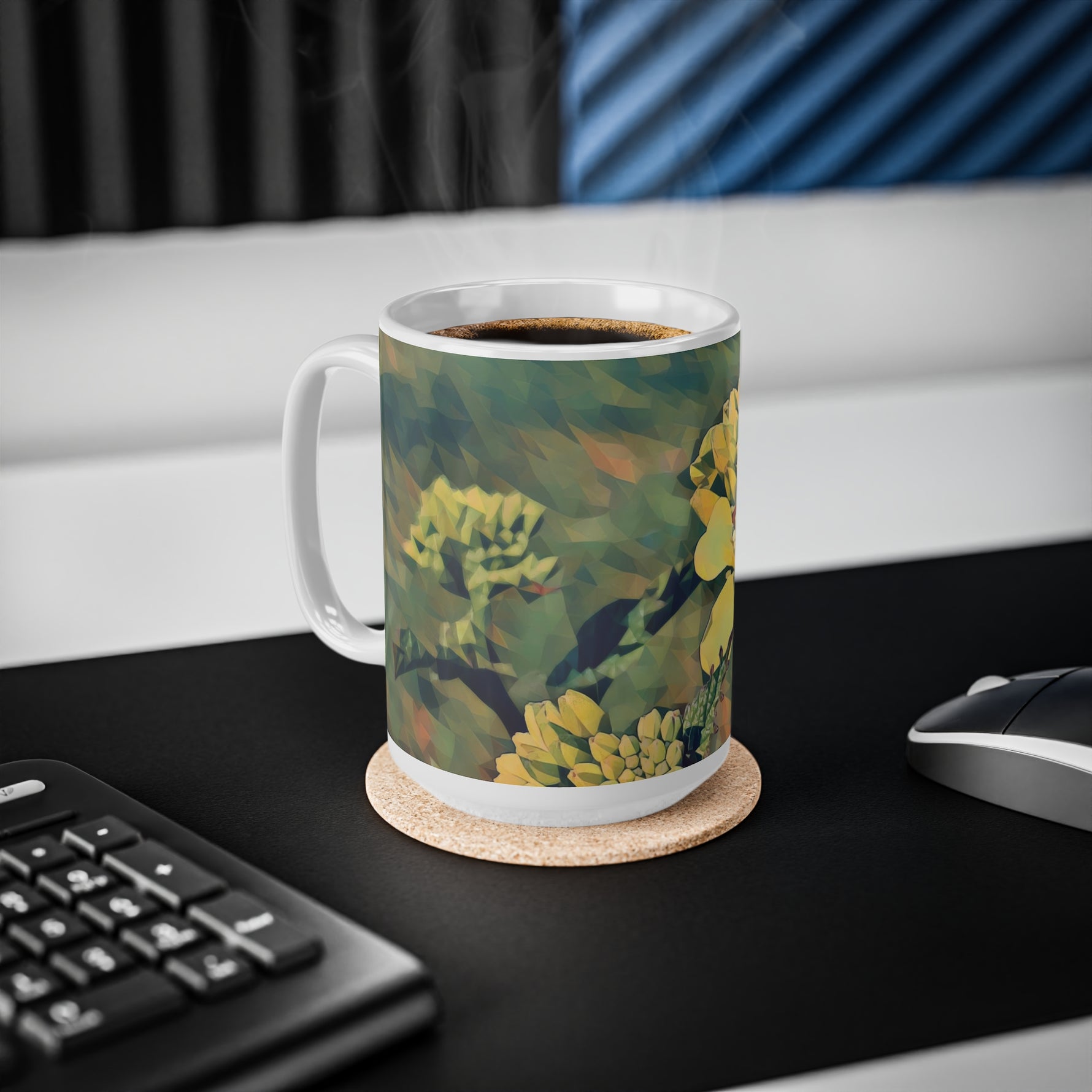 Ceramic White Cup 15oz - Poly Art - Flower, Yellow