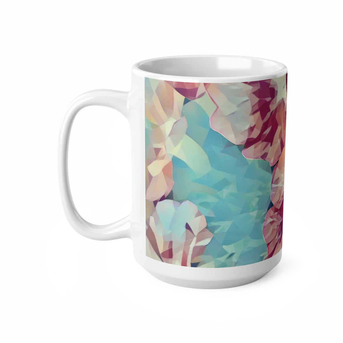 Ceramic White Cup 15oz - Poly Art - Flowers in sky blue and red (Variant 2)