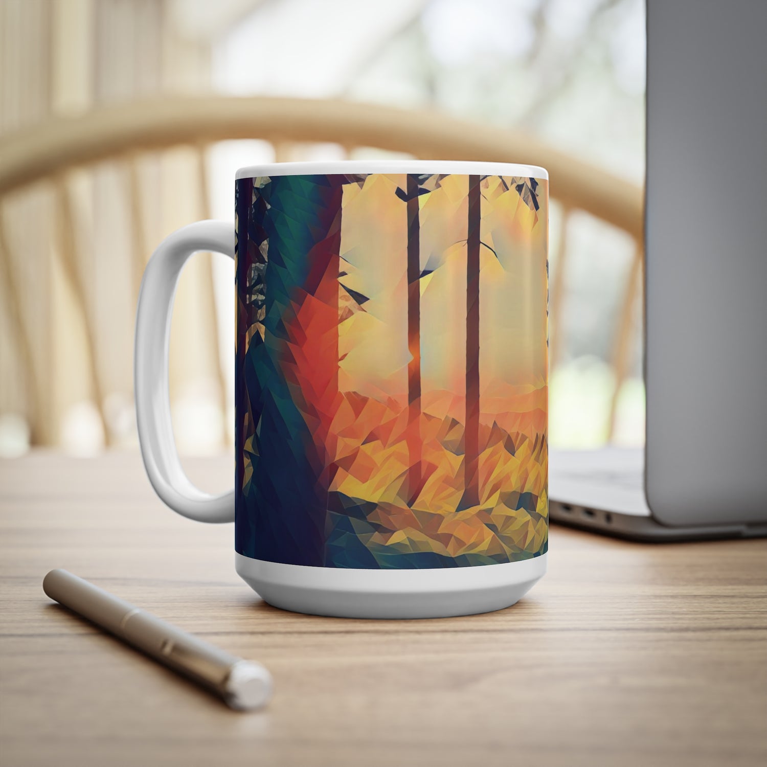 Ceramic White Cup 15oz - Poly Art - Forest Sunset (Variant 2)