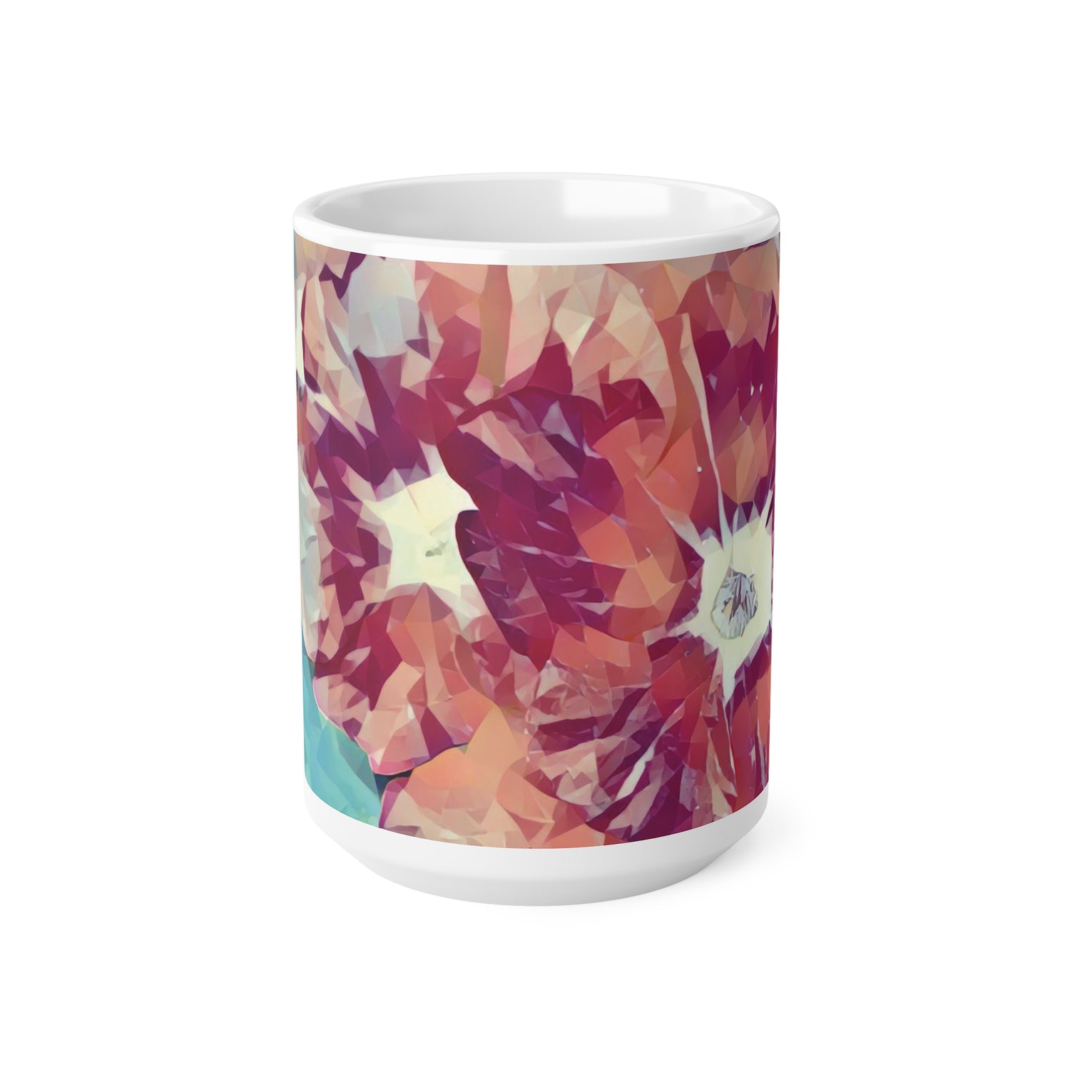 Ceramic White Cup 15oz - Poly Art - Flowers in sky blue and red (Variant 1)