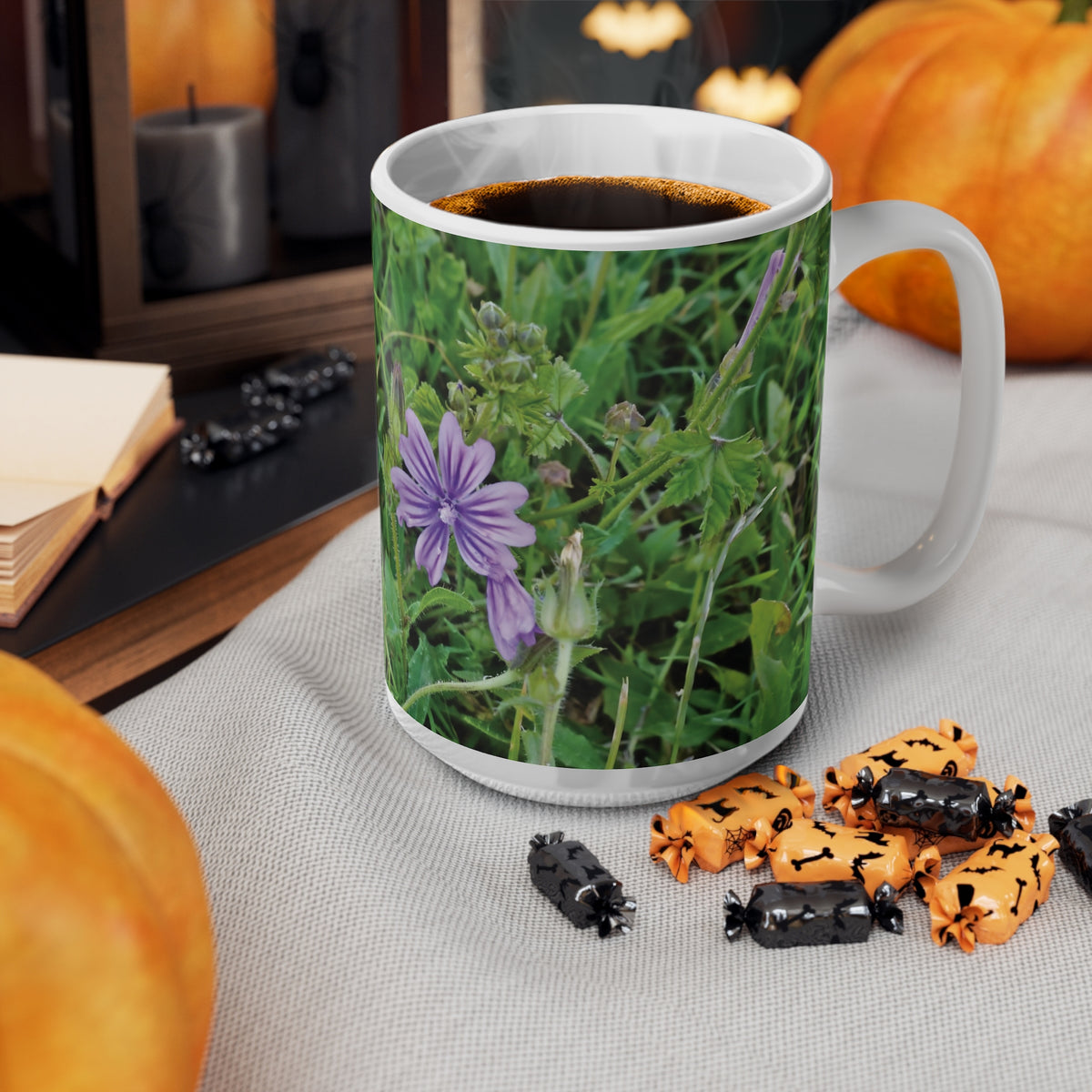 Ceramic White Cup 15oz - Flower of Malva Sylvestris