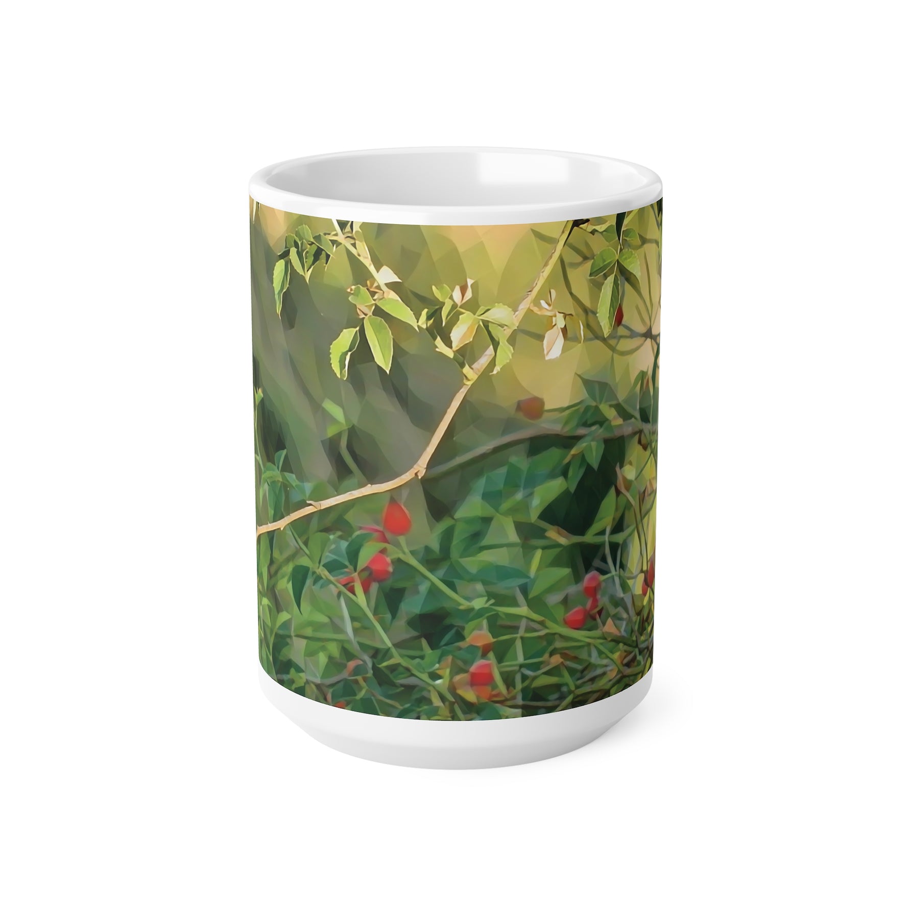 Ceramic White Cup 15oz - Poly Art - Rosehip plant (Variant 2)