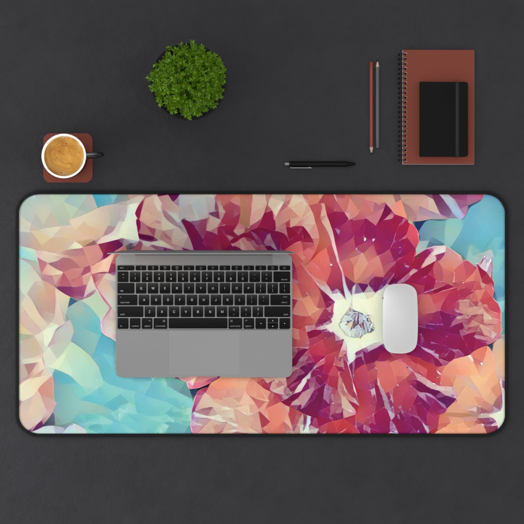 Desk Mat - Poly Art - Flowers, light blue and red colors (Variant 1)