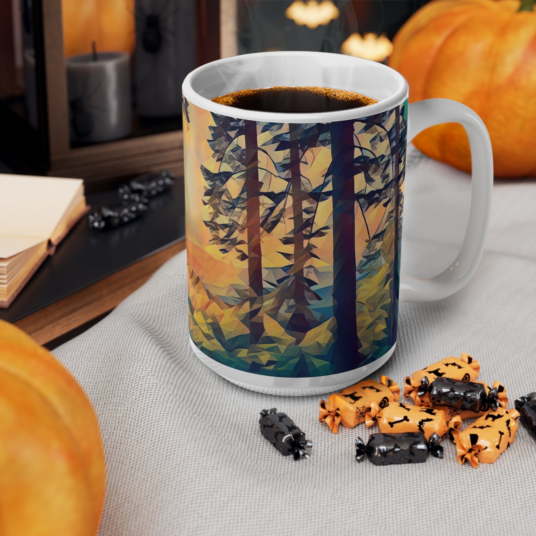 Ceramic White Cup 15oz - Poly Art - Forest Sunset (Variant 2)