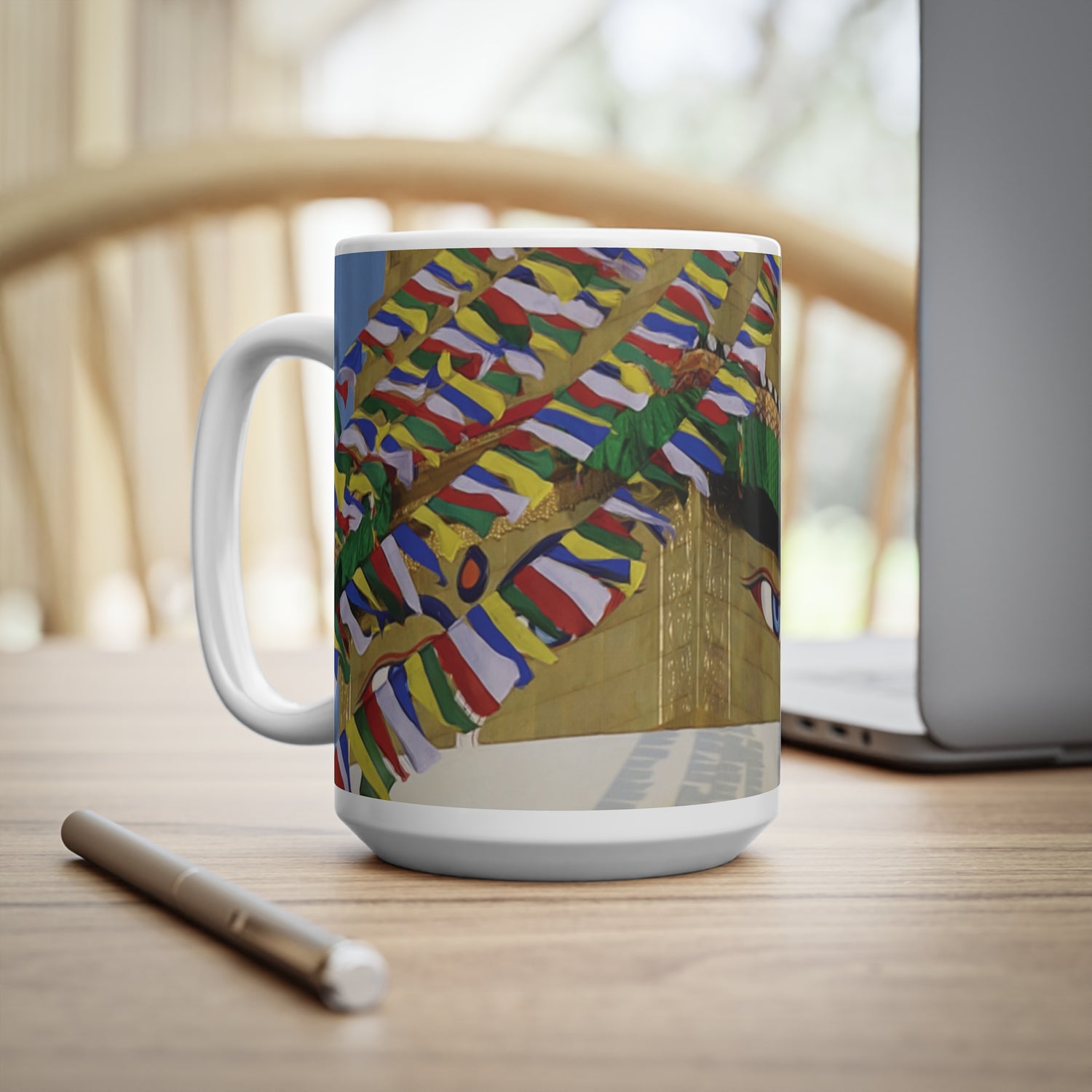 Ceramic White Cup 15oz - Nepal, Stupa with Buddha's Eyes (Variant 3)
