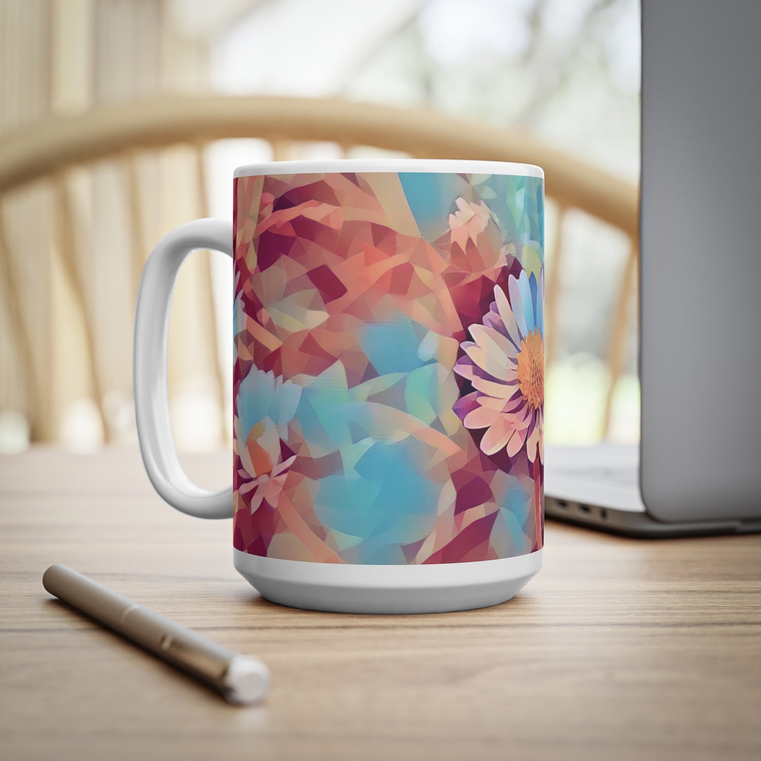 Ceramic White Cup 15oz - Poly Art - Flower of Daisies (Variant 6)