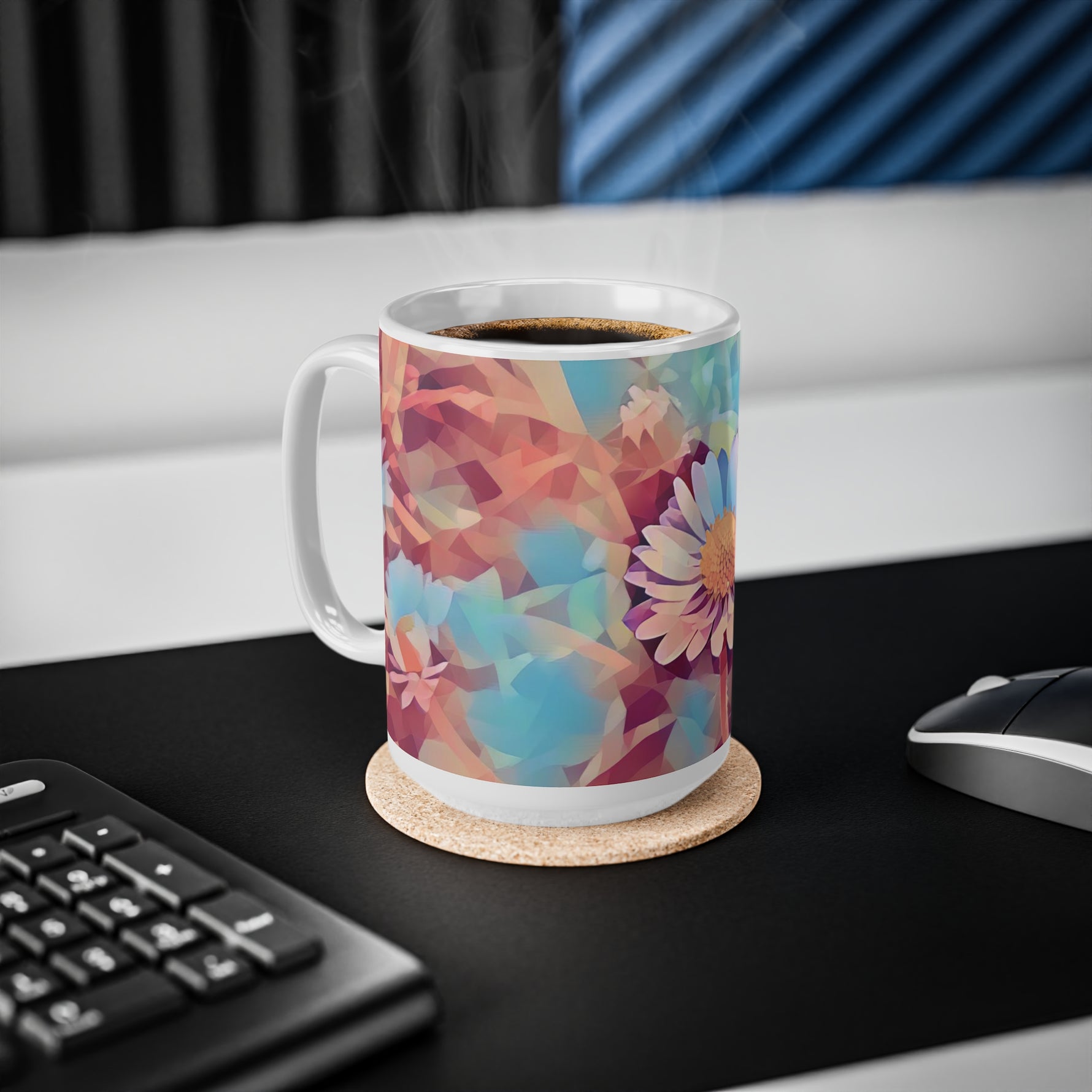Ceramic White Cup 15oz - Poly Art - Flower of Daisies (Variant 6)