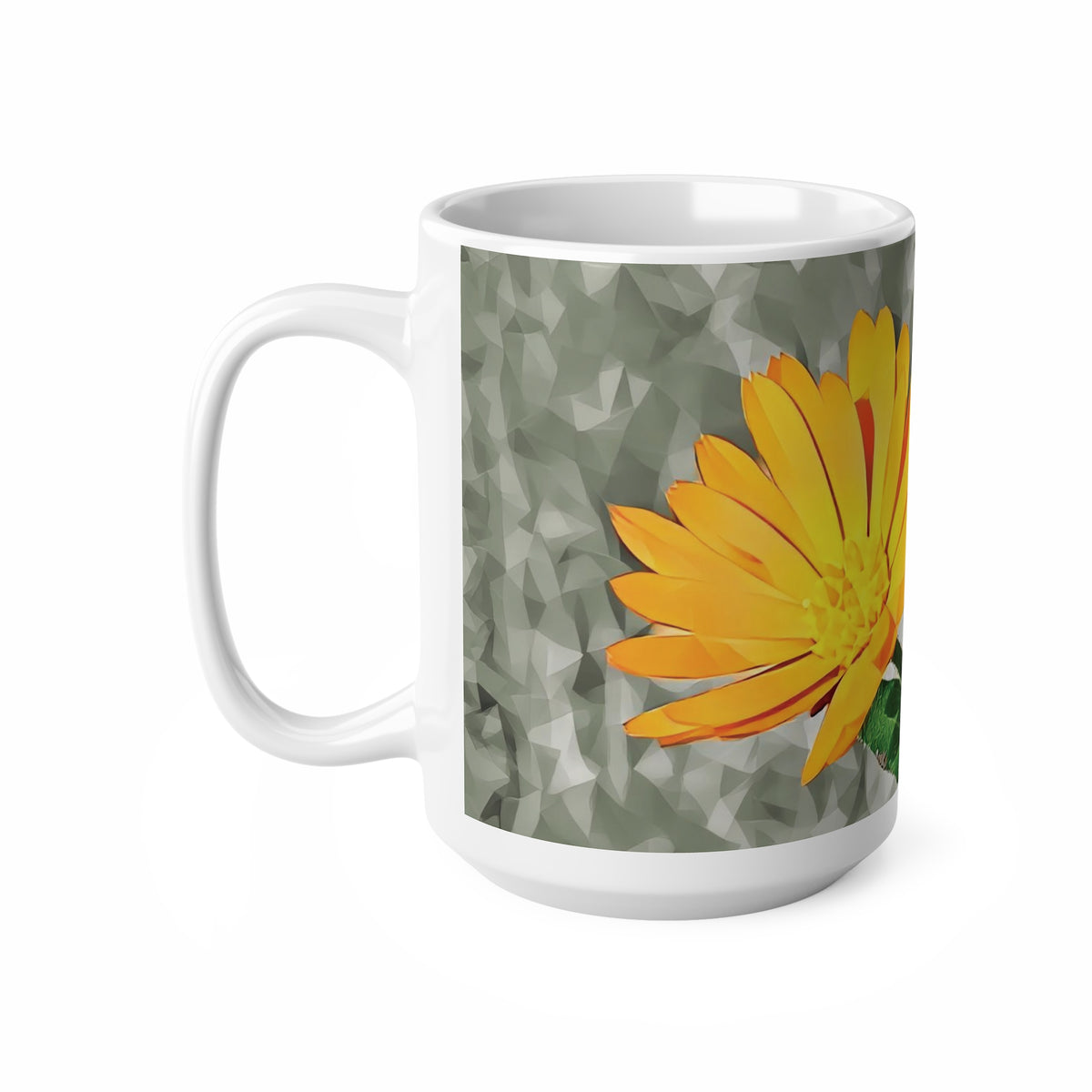 Ceramic White Cup 15oz - Poly Art - Flower of Calendula (Variant 1)