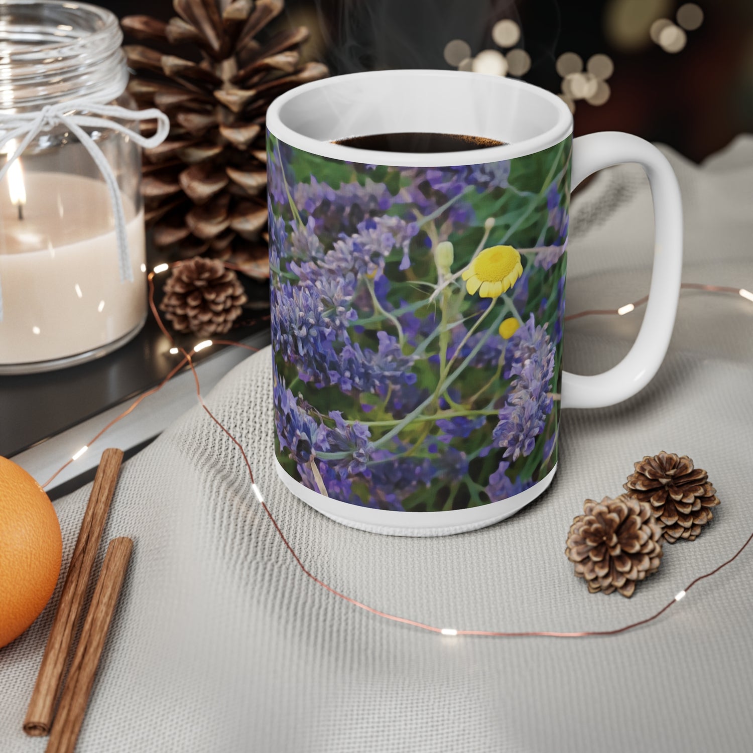 Ceramic White Cup 15oz - Flower of Lavender and Chamomile