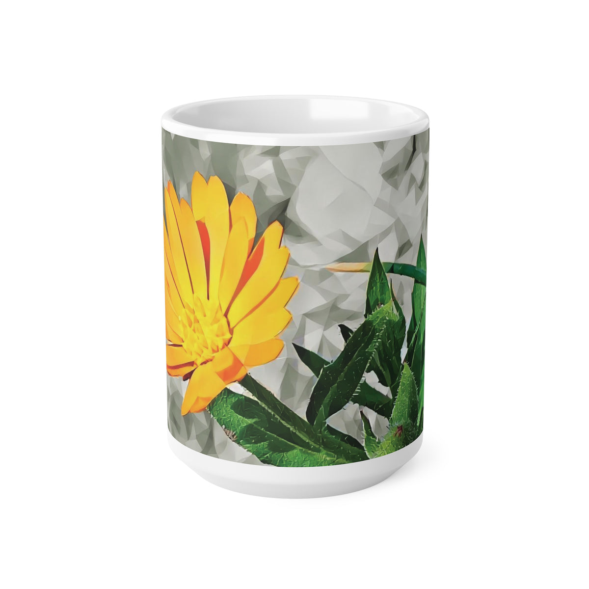 Ceramic White Cup 15oz - Poly Art - Flower of Calendula (Variant 1)