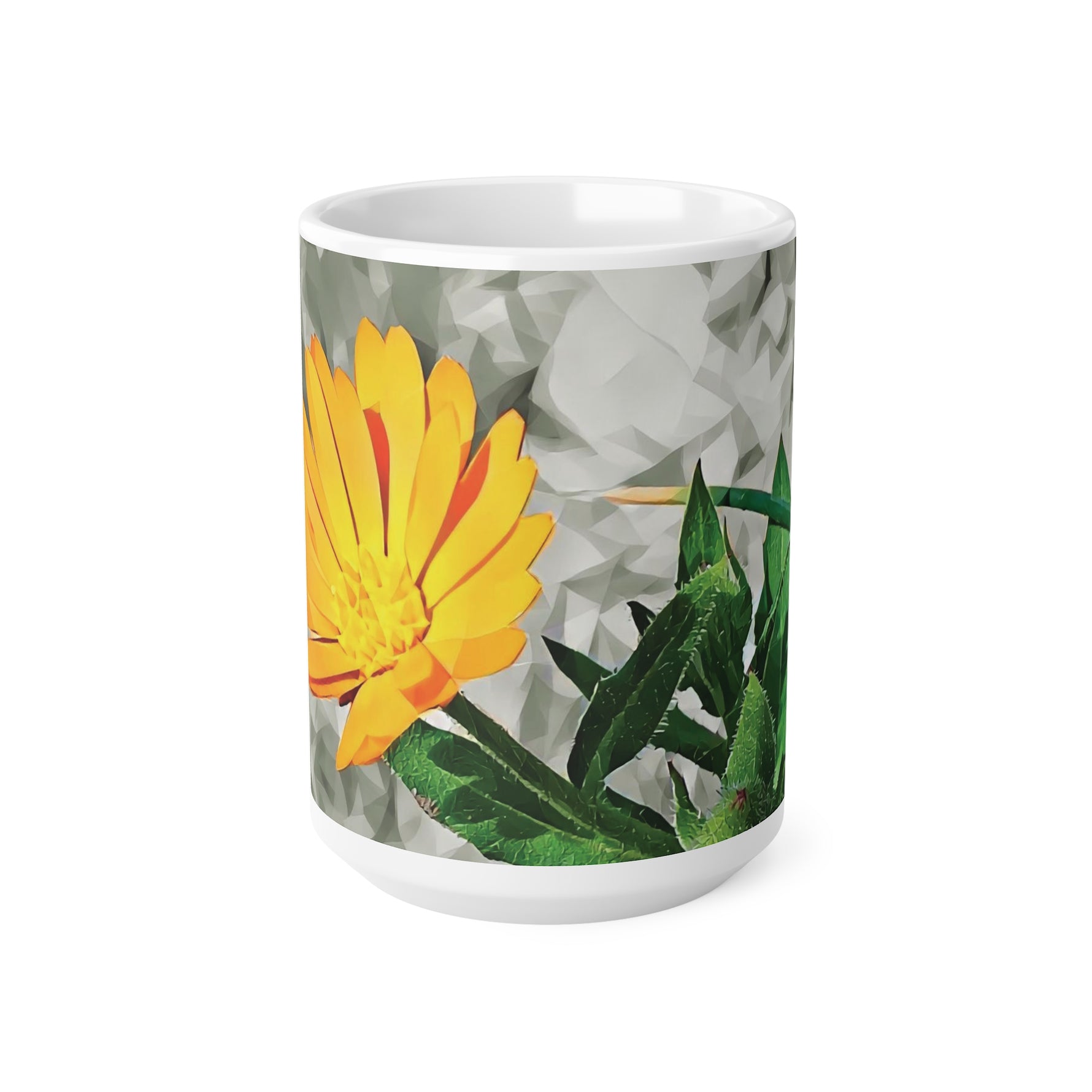Ceramic White Cup 15oz - Poly Art - Flower of Calendula (Variant 1)