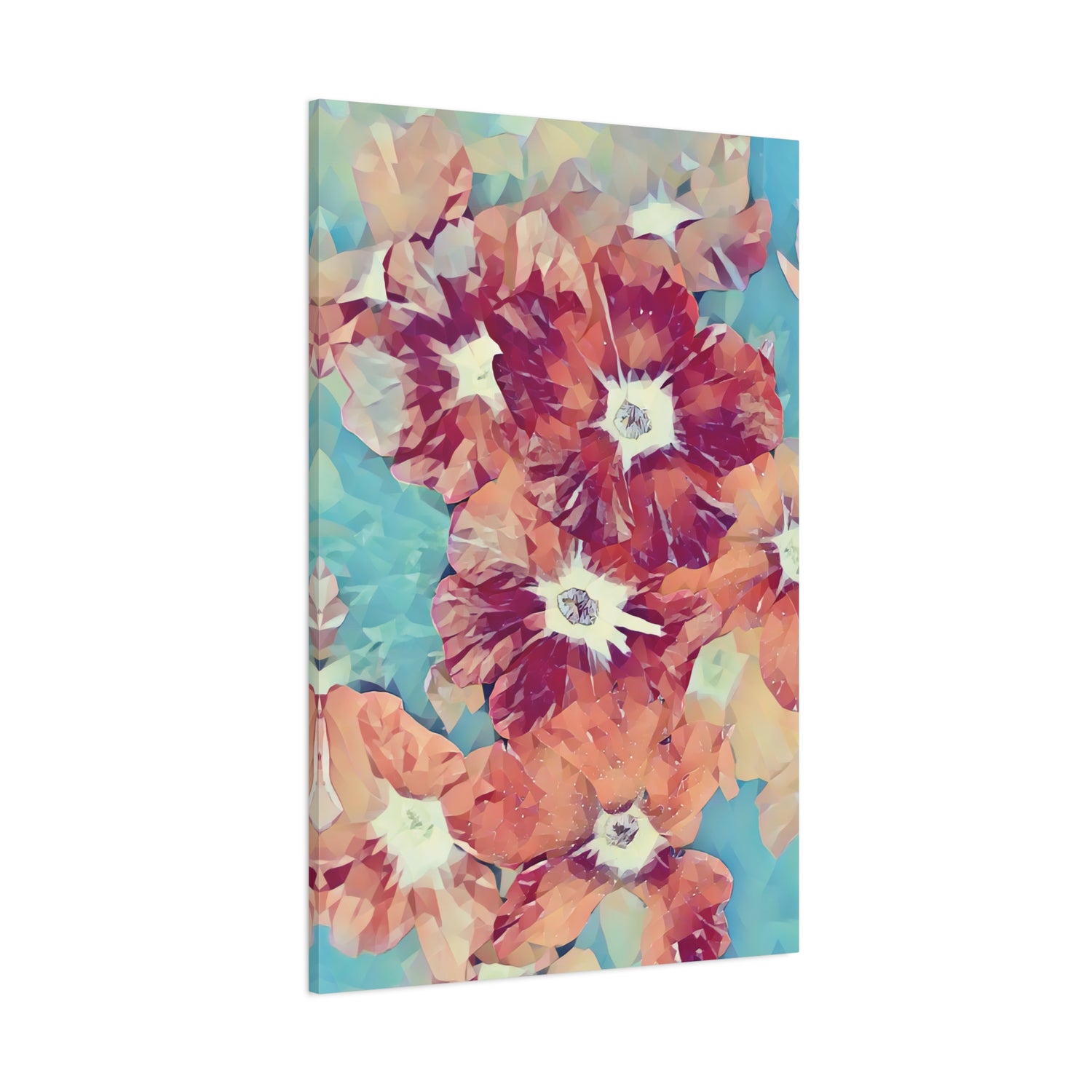 Stretched Matte Canvas - Poly Art - Flowers in light blue and red