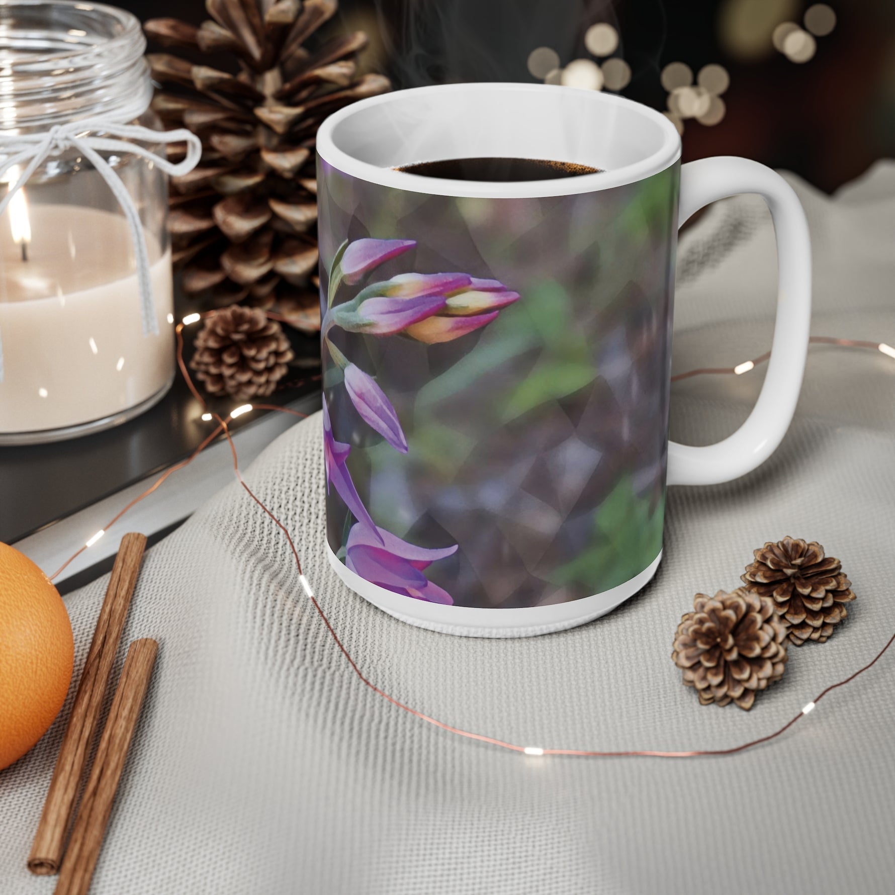 Ceramic White Cup 15oz - Poly Art - Flower of Cephalanthera Rubra