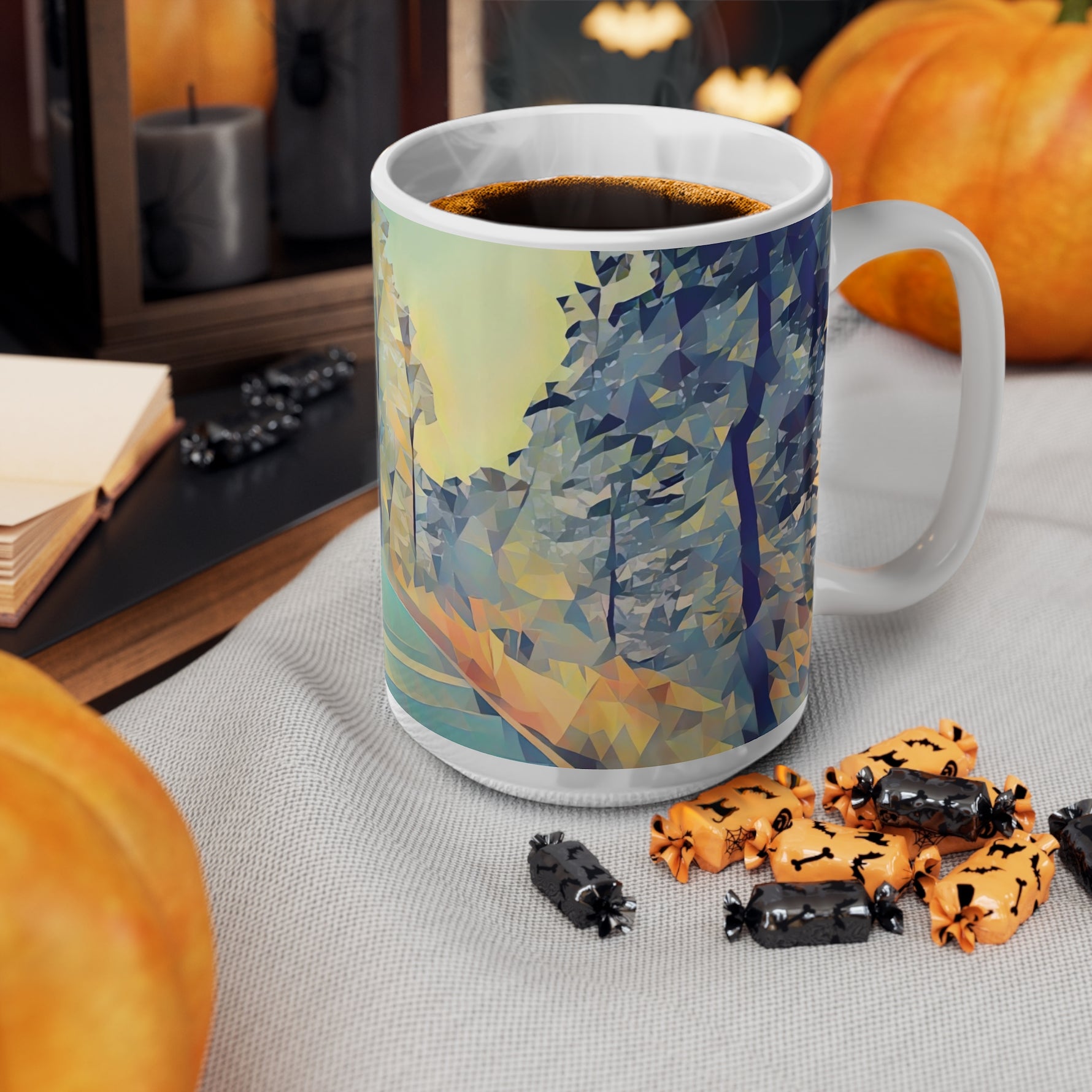 Ceramic White Cup 15oz - Poly Art - Forest (Variant 02)