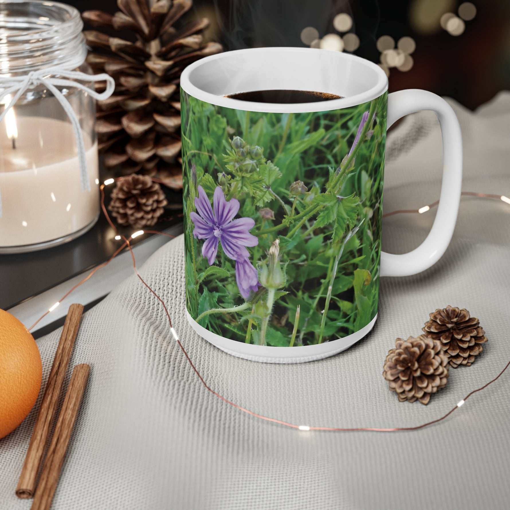 Ceramic White Cup 15oz - Flower of Malva Sylvestris