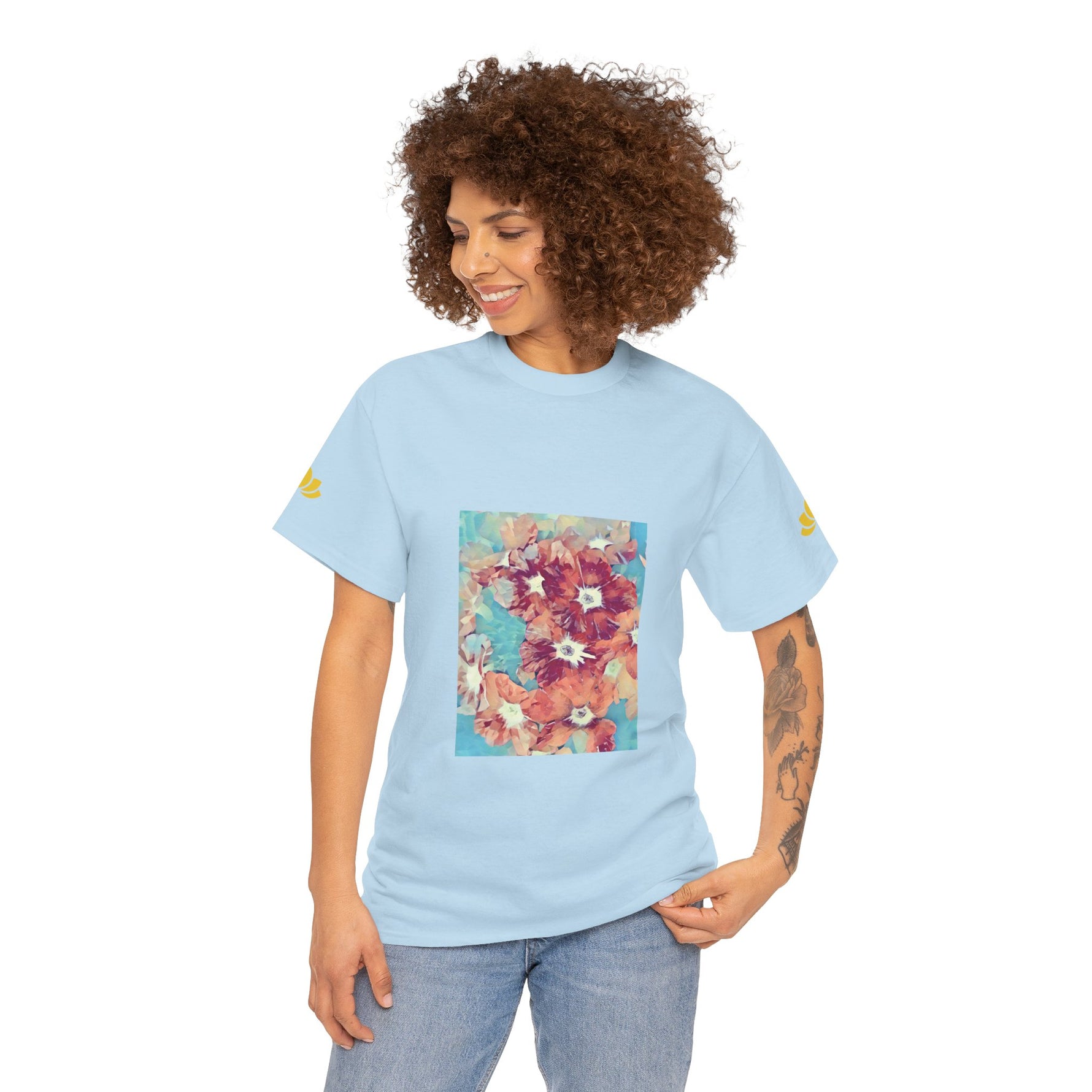 Unisex Heavy Cotton Tee - Poly Art - Flower of in sky blue and red