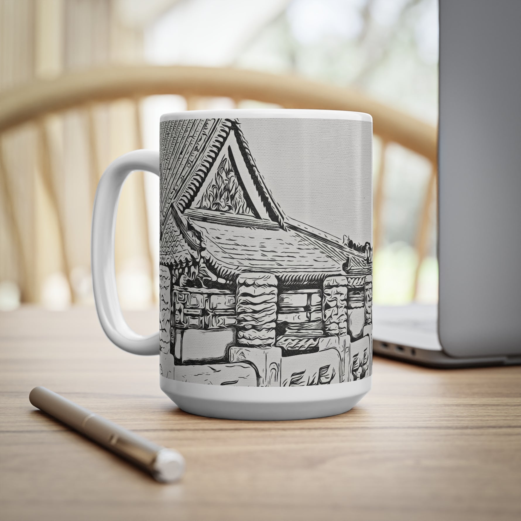 Ceramic White Cup 15oz - China's Beauty (B&W Variant)