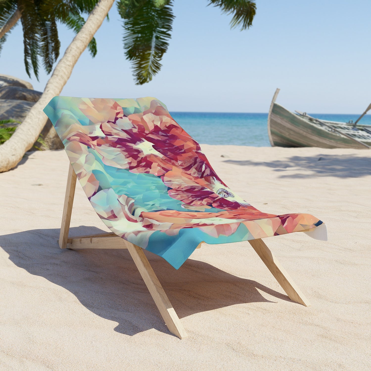 Beach Towel – Poly Art - Flowers, Light Blue and Red (Variant 1)