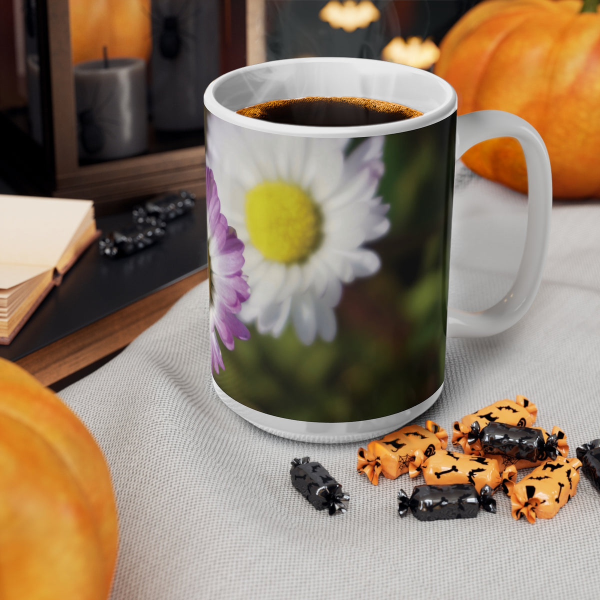 Ceramic White Cup 15oz - Flower of Daisies