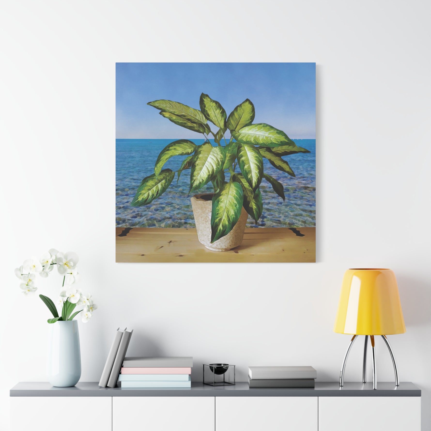 Stretched Matte Canvas - Dieffenbachia plant and Sea Landscape