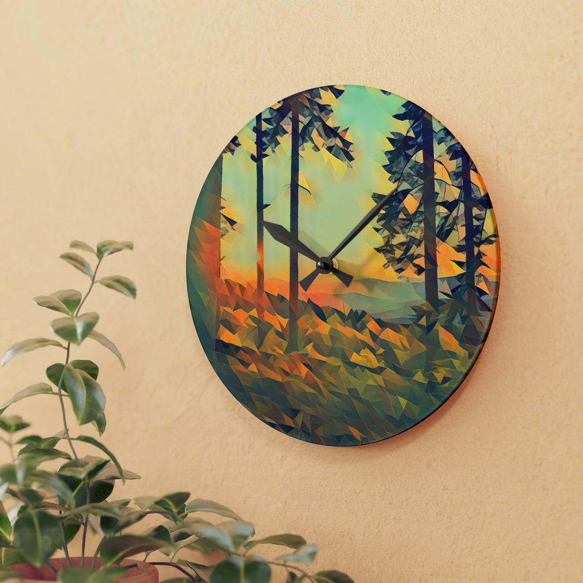 Acrylic Wall Clock - Poly Art - Forest Sunset (Variant 2)