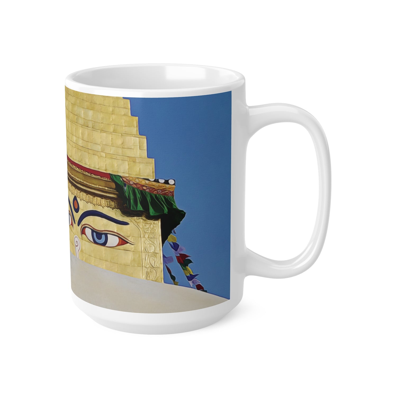 Ceramic White Cup 15oz - Nepal, Stupa with Buddha's Eyes (Variant 2)
