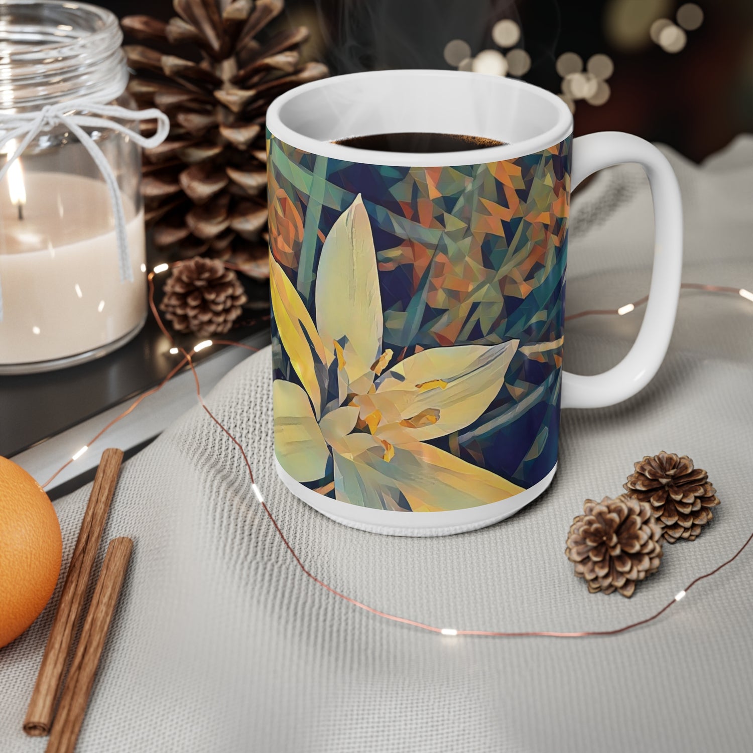 Ceramic White Cup 15oz - Poly Art - Flower of Ornithogalum (Variant 2)