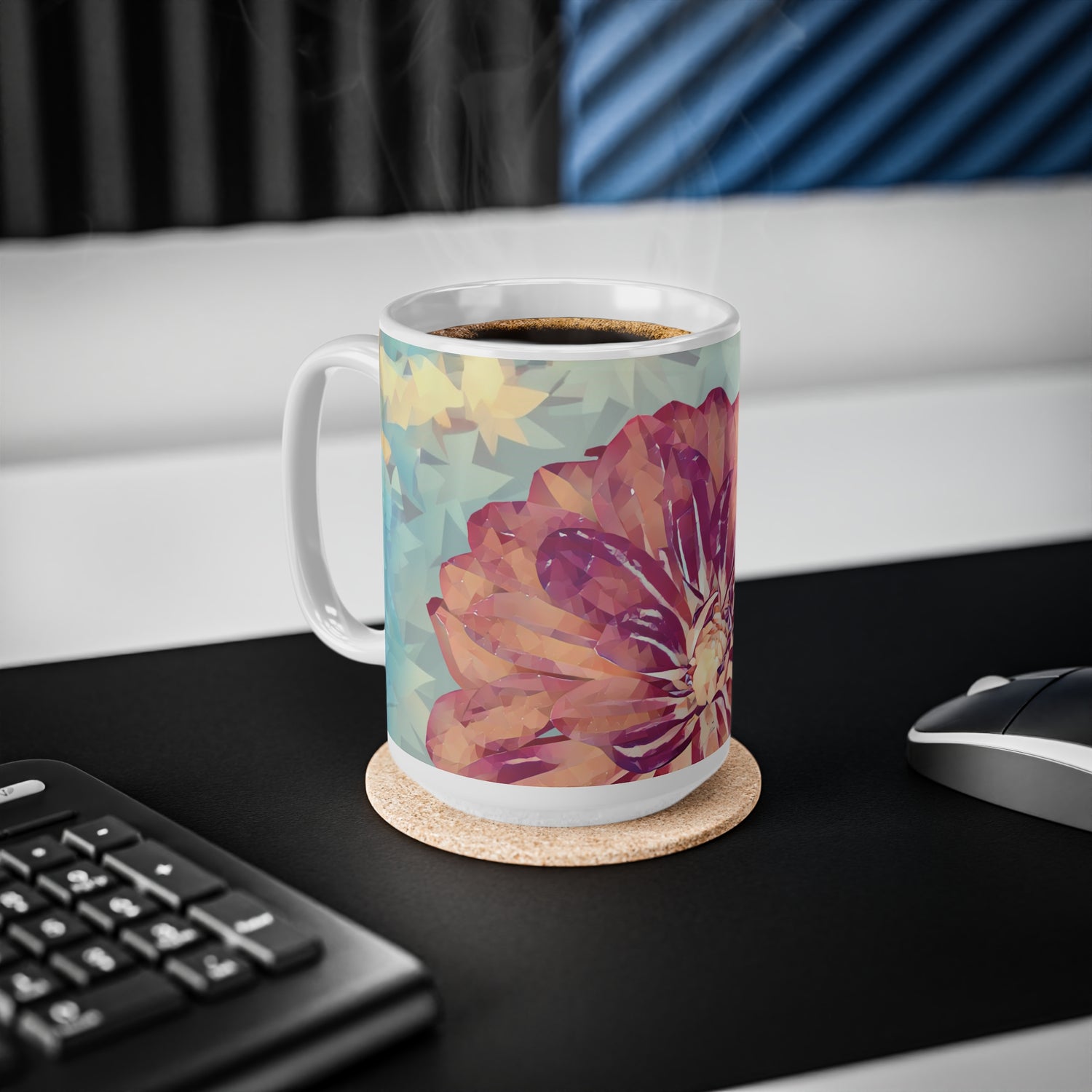 Ceramic White Cup 15oz - Poly Art - Flower of Dahlia (Variant 1)
