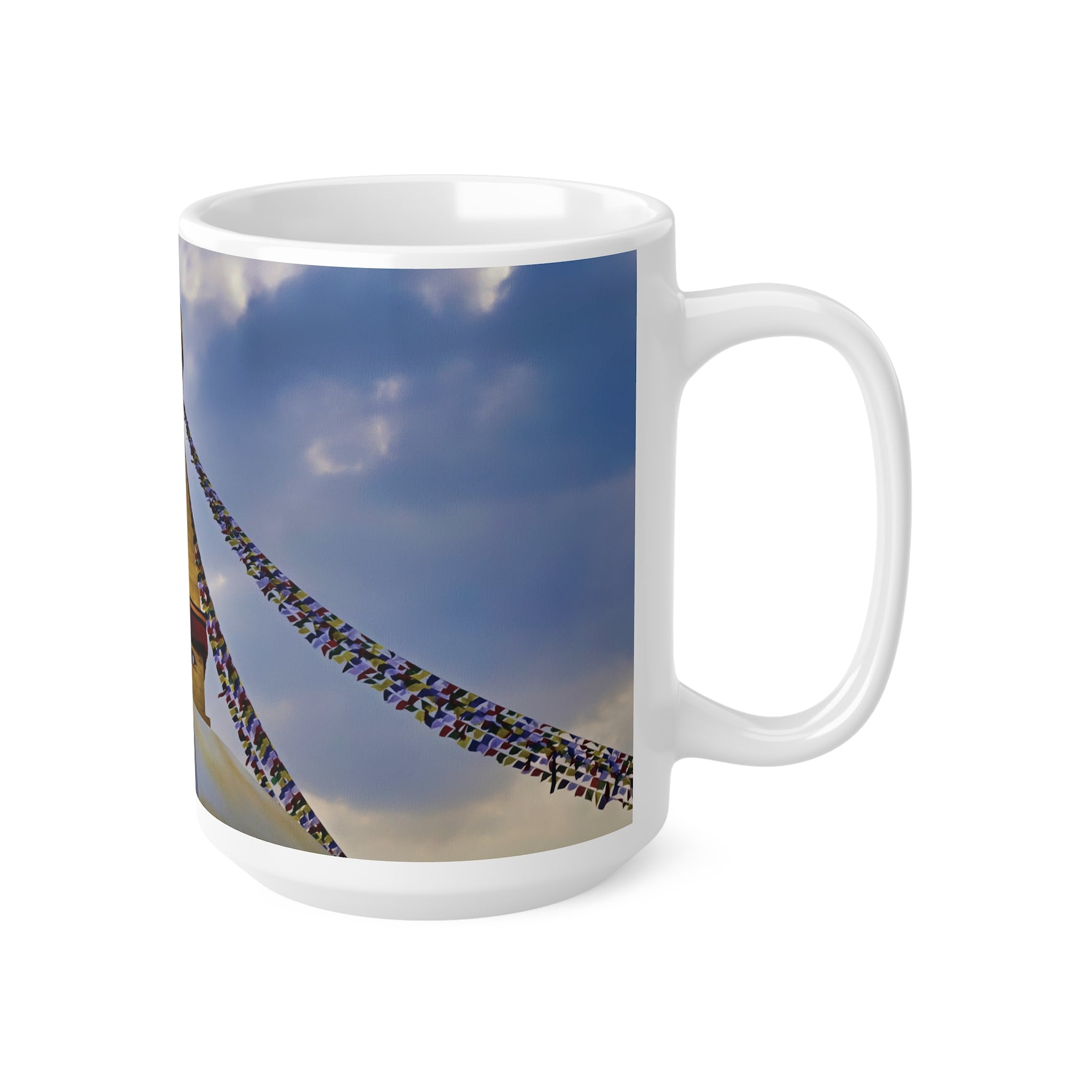 Ceramic White Cup 15oz - Nepal, Stupa with Buddha's Eyes (Variant 5)