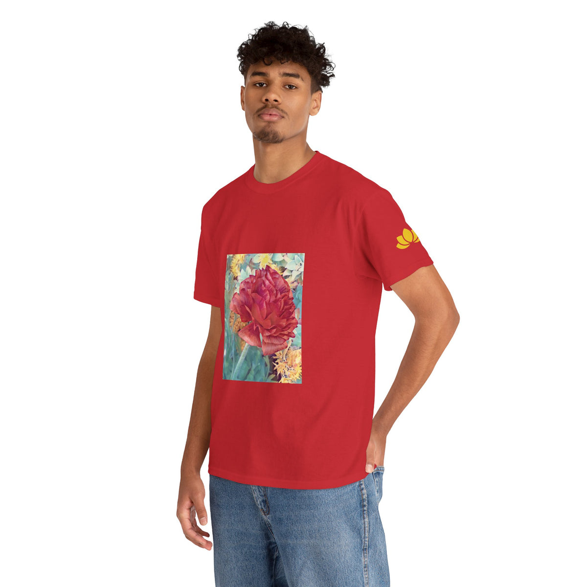 Unisex Heavy Cotton Tee - Poly Art - Flower of Dahlia in Red