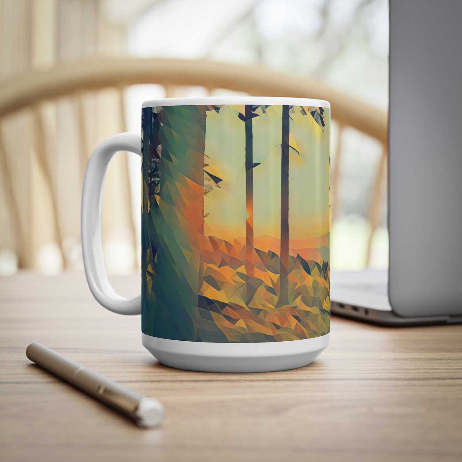 Ceramic White Cup 15oz - Poly Art - Forest Sunset (Variant 1)