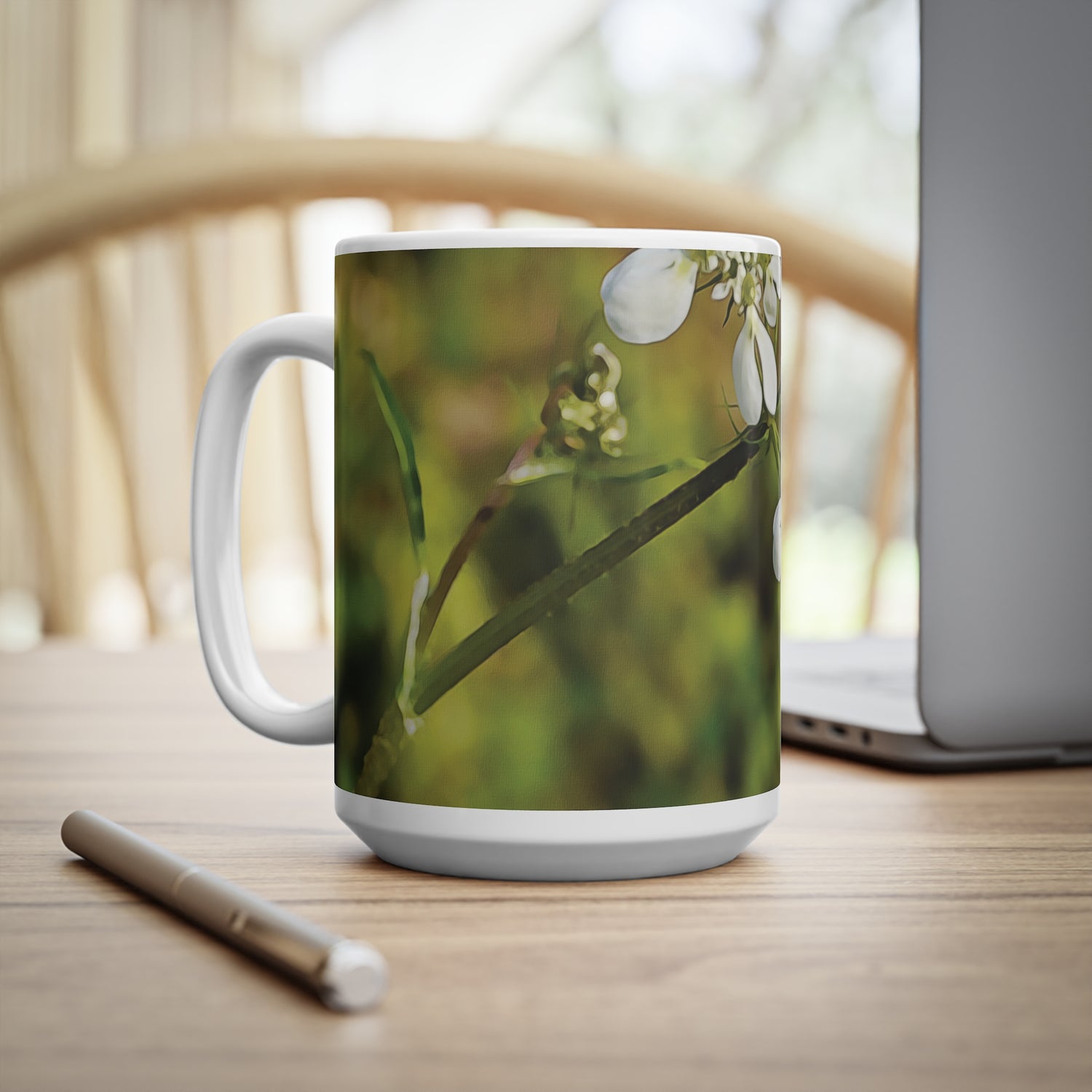 Ceramic White Cup 15oz - Flower with a small insect