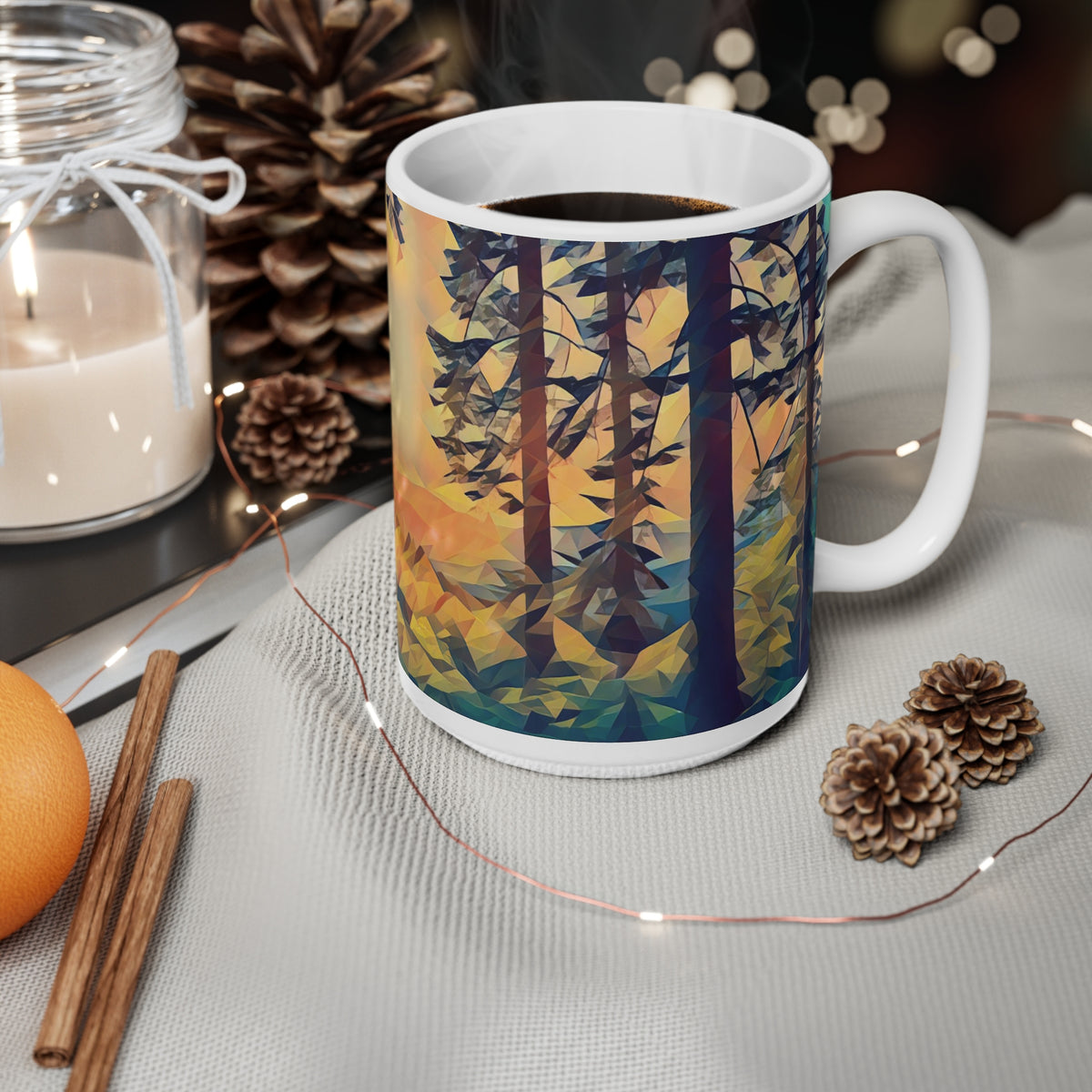 Ceramic White Cup 15oz - Poly Art - Forest Sunset (Variant 2)