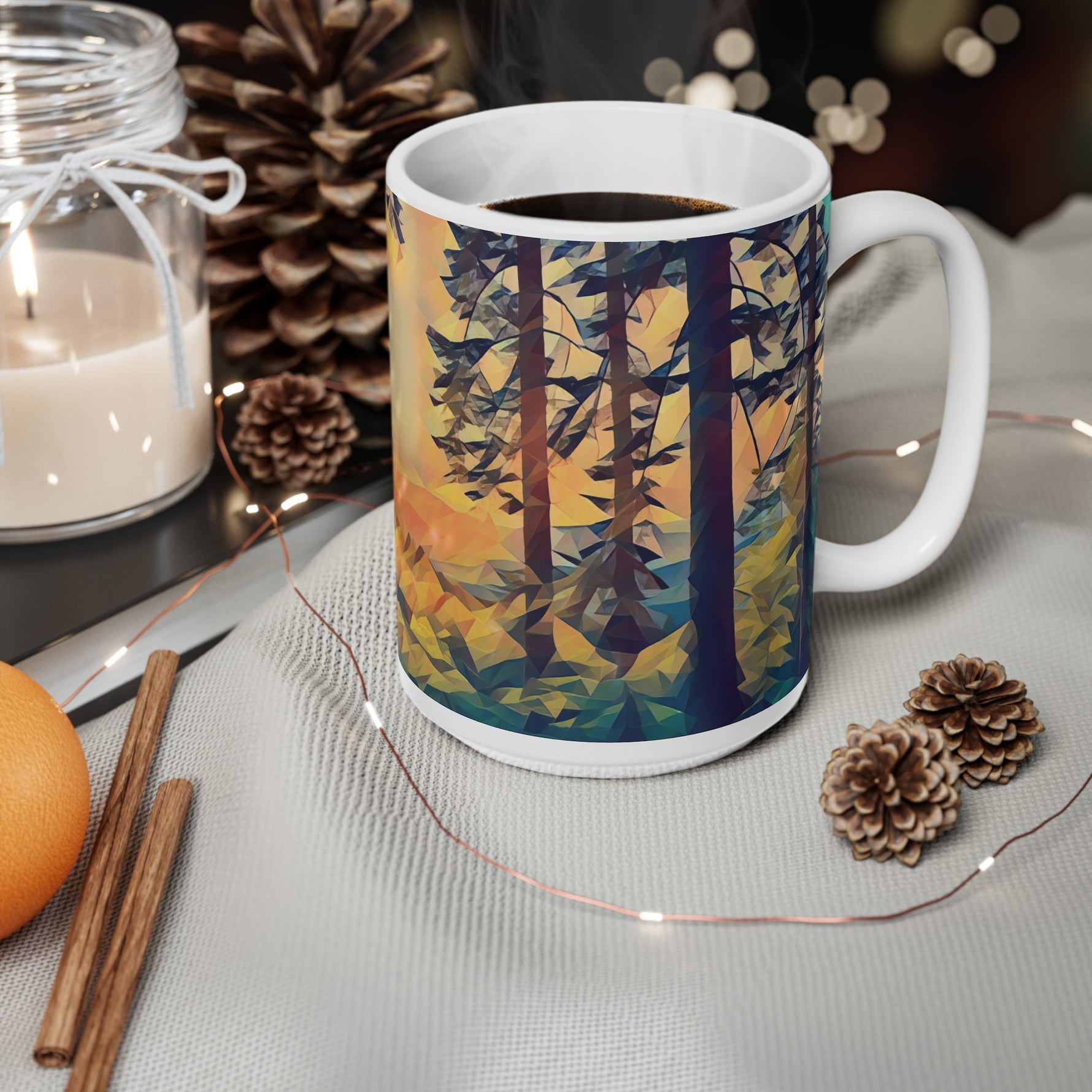 Ceramic White Cup 15oz - Poly Art - Forest Sunset (Variant 2)
