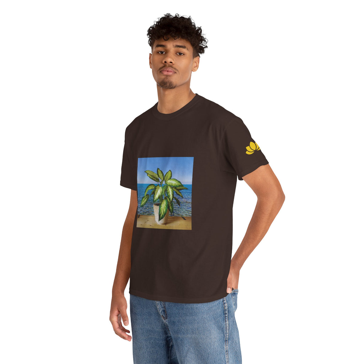Unisex Heavy Cotton Tee - Dieffenbachia Plant and Sea landscape