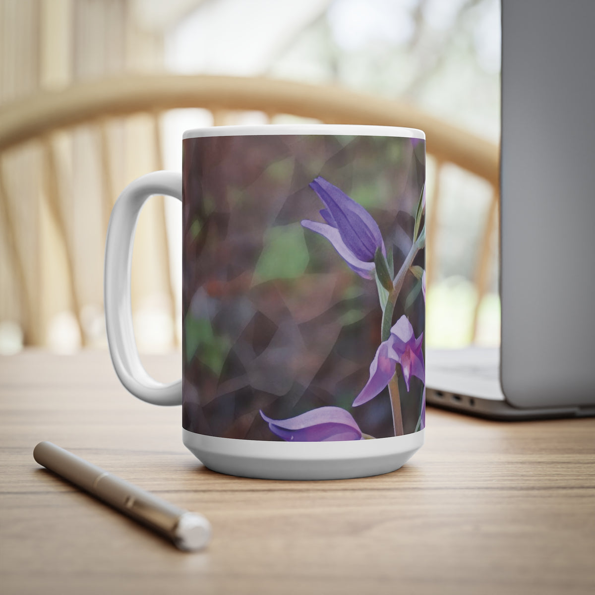 Ceramic White Cup 15oz - Poly Art - Flower of Cephalanthera Rubra