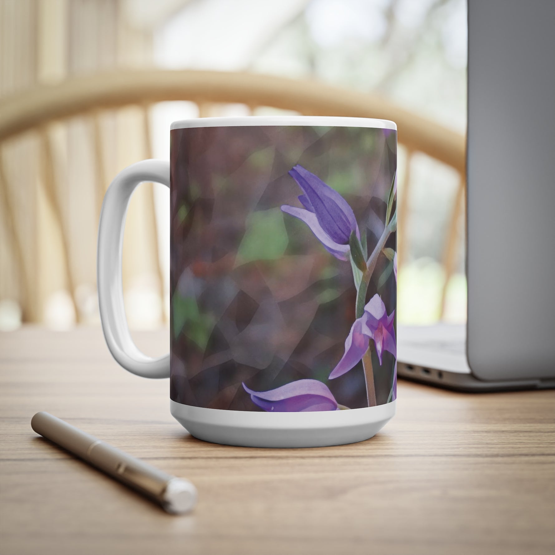 Ceramic White Cup 15oz - Poly Art - Flower of Cephalanthera Rubra
