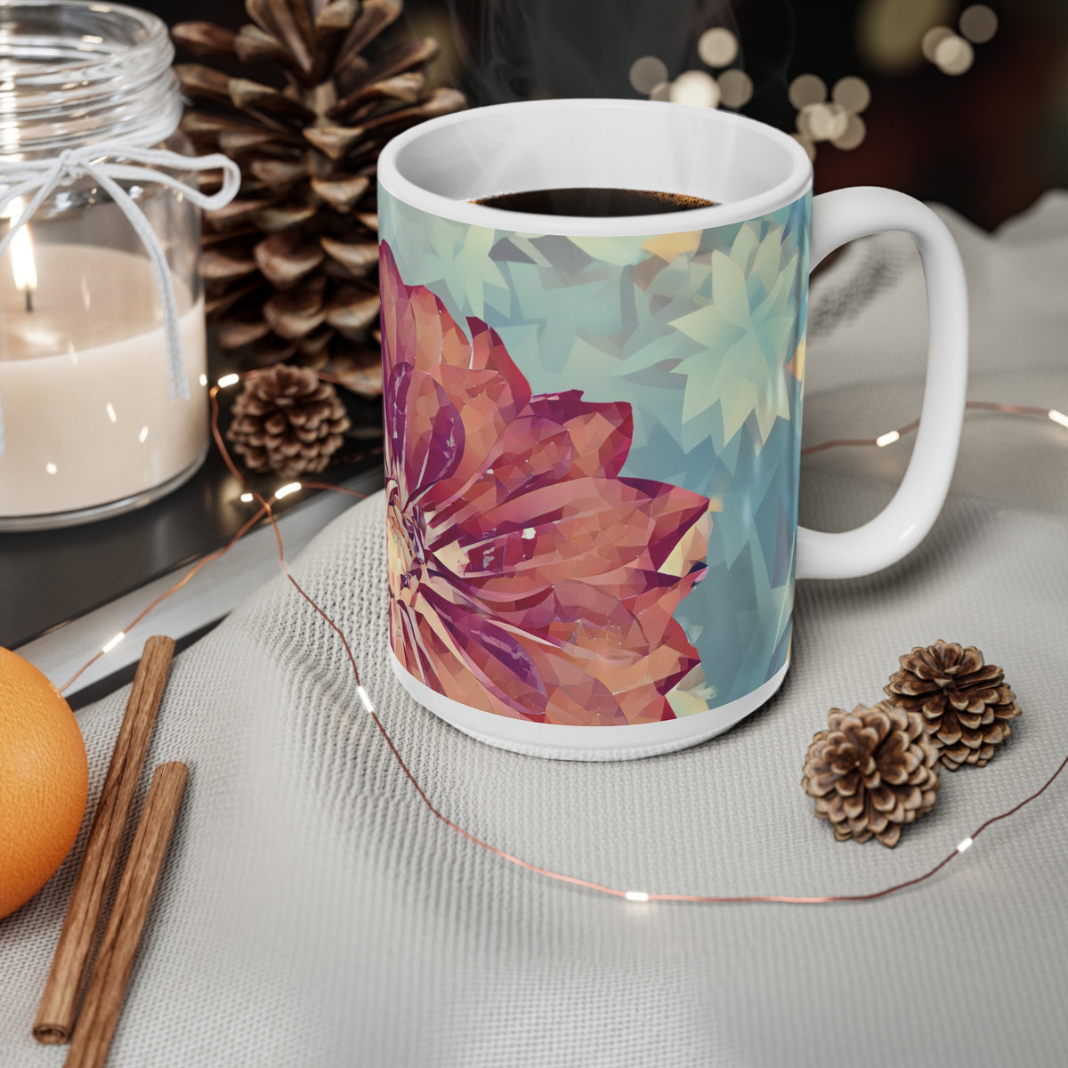Ceramic White Cup 15oz - Poly Art - Flower of Dahlia (Variant 1)