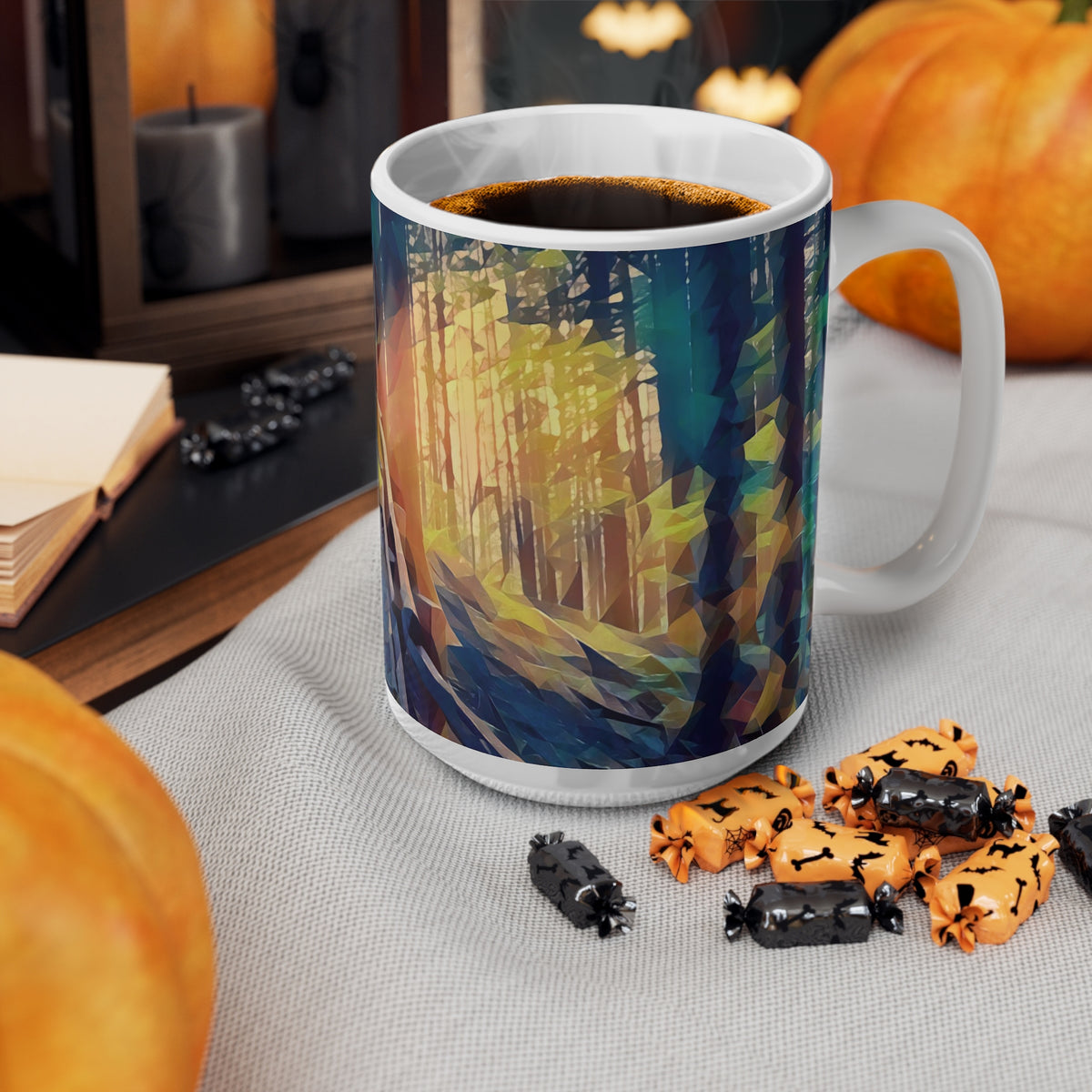 Ceramic White Cup 15oz - Poly Art - Forest, a Path (Variant 1)