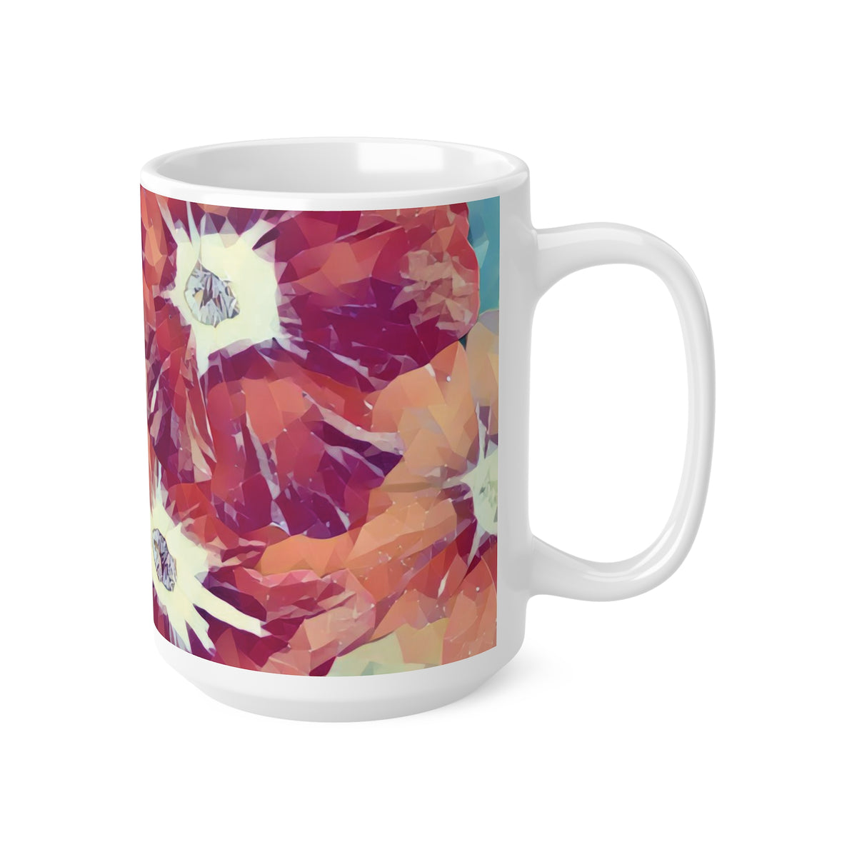 Ceramic White Cup 15oz - Poly Art - Flowers in sky blue and red (Variant 2)