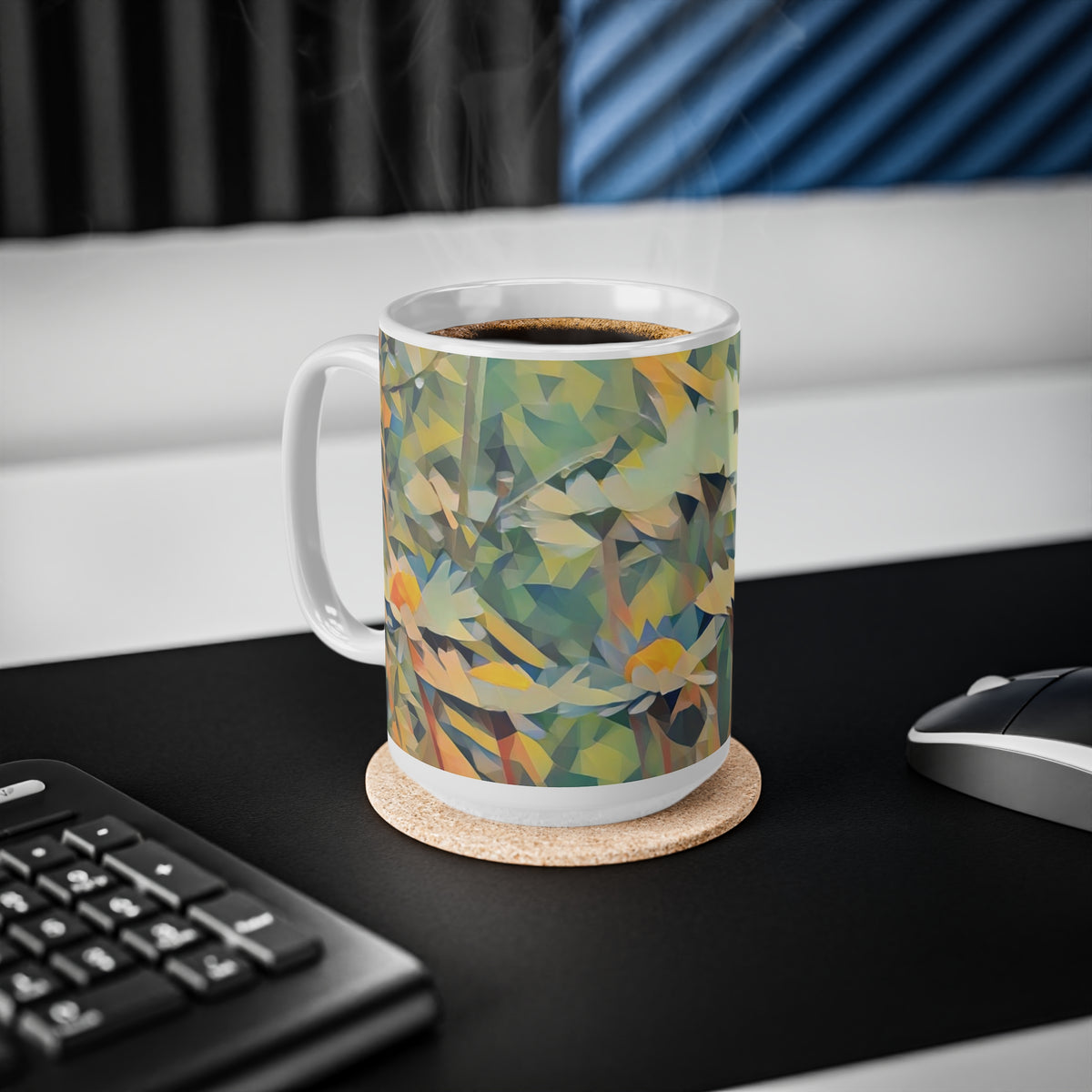 Ceramic White Cup 15oz - Poly Art - Flower of Daisies (Variant 2)