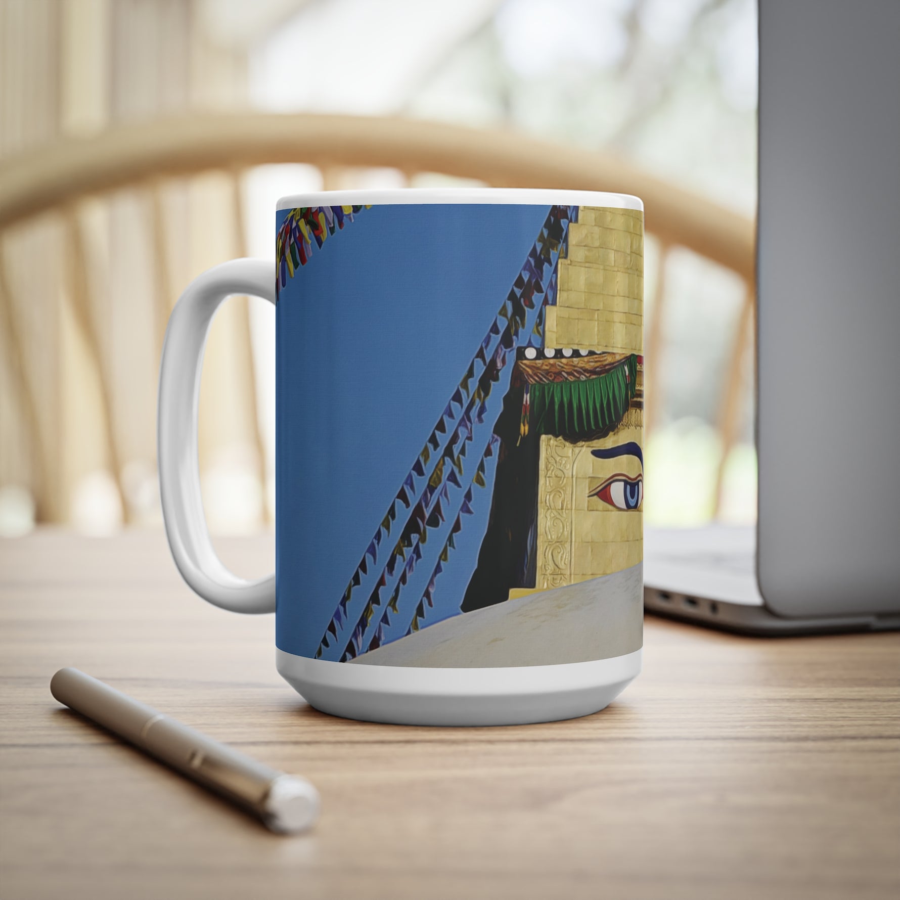 Ceramic White Cup 15oz - Nepal, Stupa with Buddha's Eyes (Variant 2)